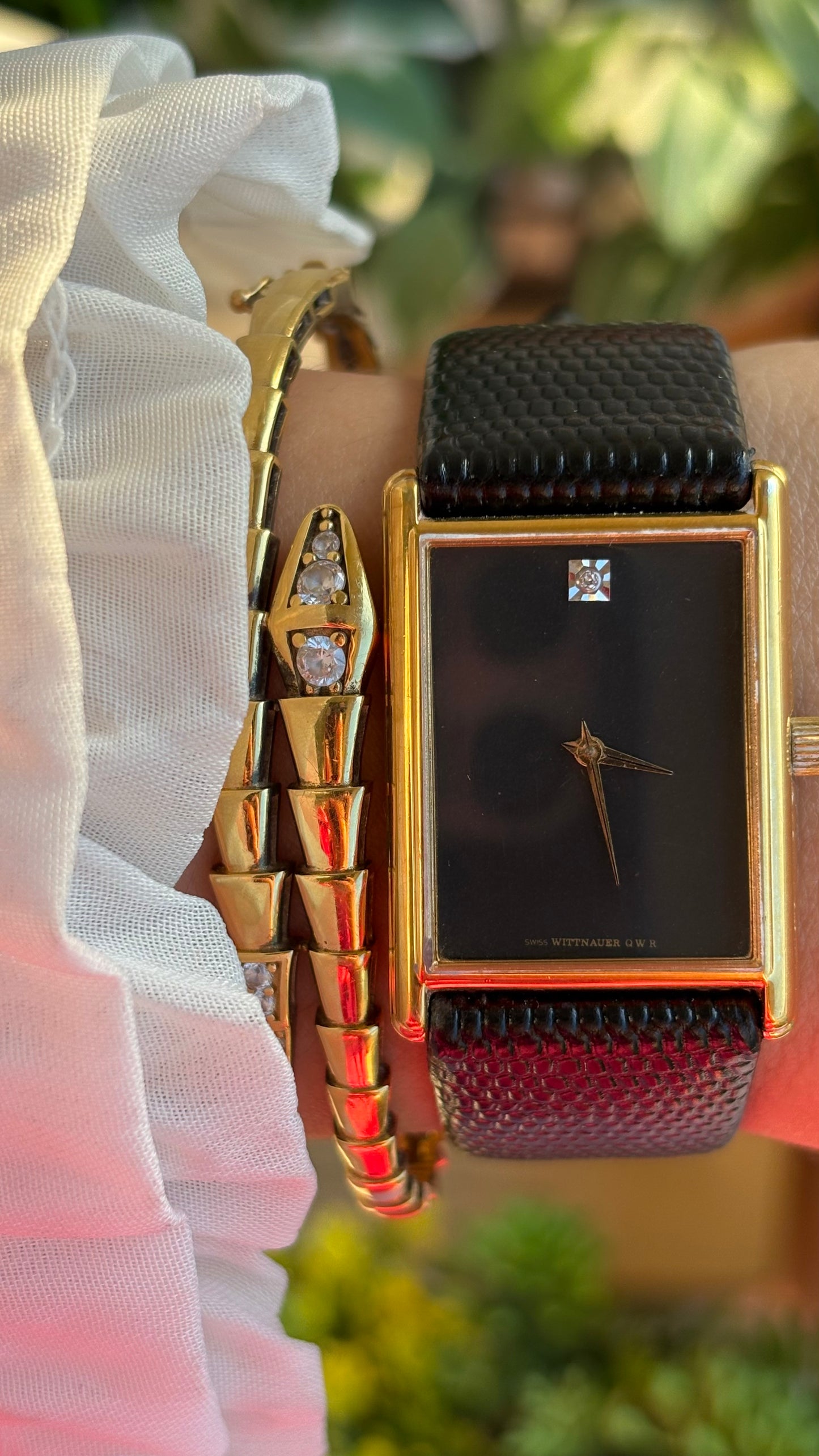 Extremely Rare Vintage Longines Wittnauer Unisex Tank Watch in Leather Strap with Diamond Black Dial