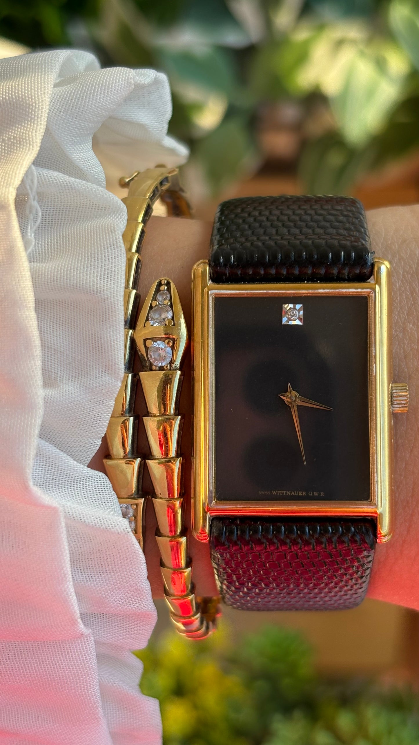 Extremely Rare Vintage Longines Wittnauer Unisex Tank Watch in Leather Strap with Diamond Black Dial