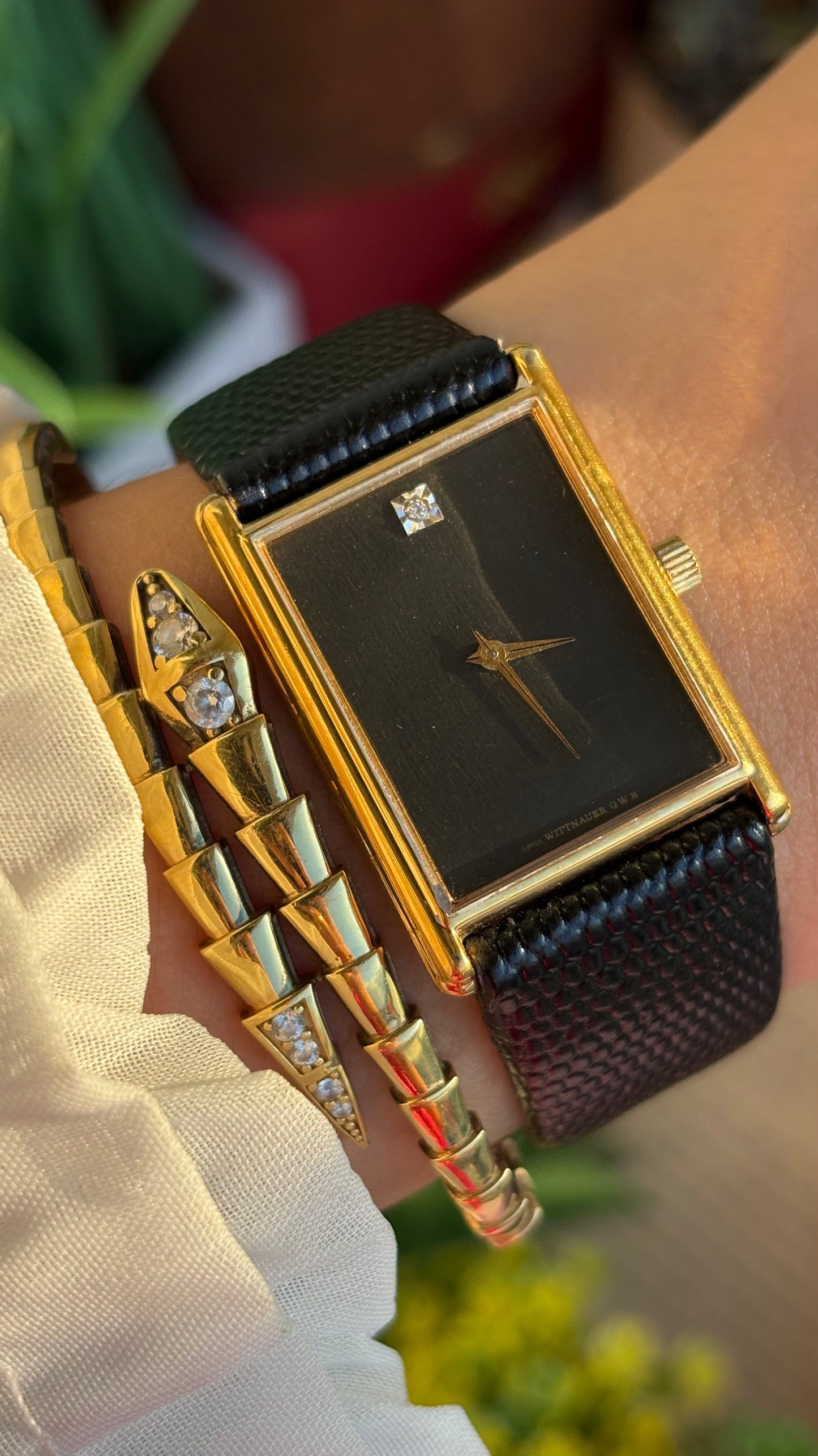 Extremely Rare Vintage Longines Wittnauer Unisex Tank Watch in Leather Strap with Diamond Black Dial