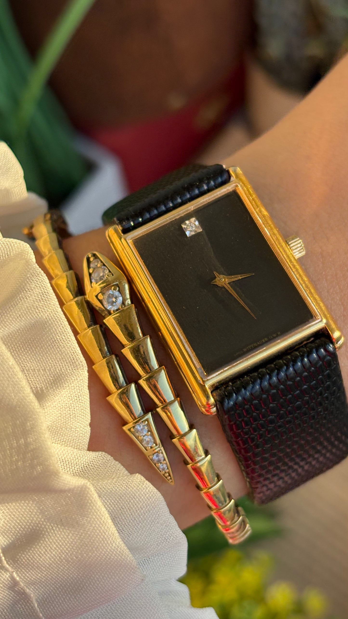 Extremely Rare Vintage Longines Wittnauer Unisex Tank Watch in Leather Strap with Diamond Black Dial