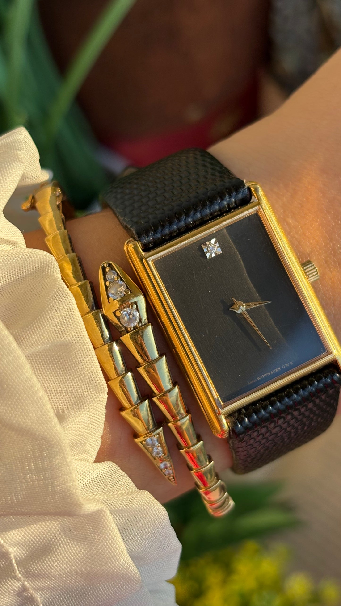 Extremely Rare Vintage Longines Wittnauer Unisex Tank Watch in Leather Strap with Diamond Black Dial