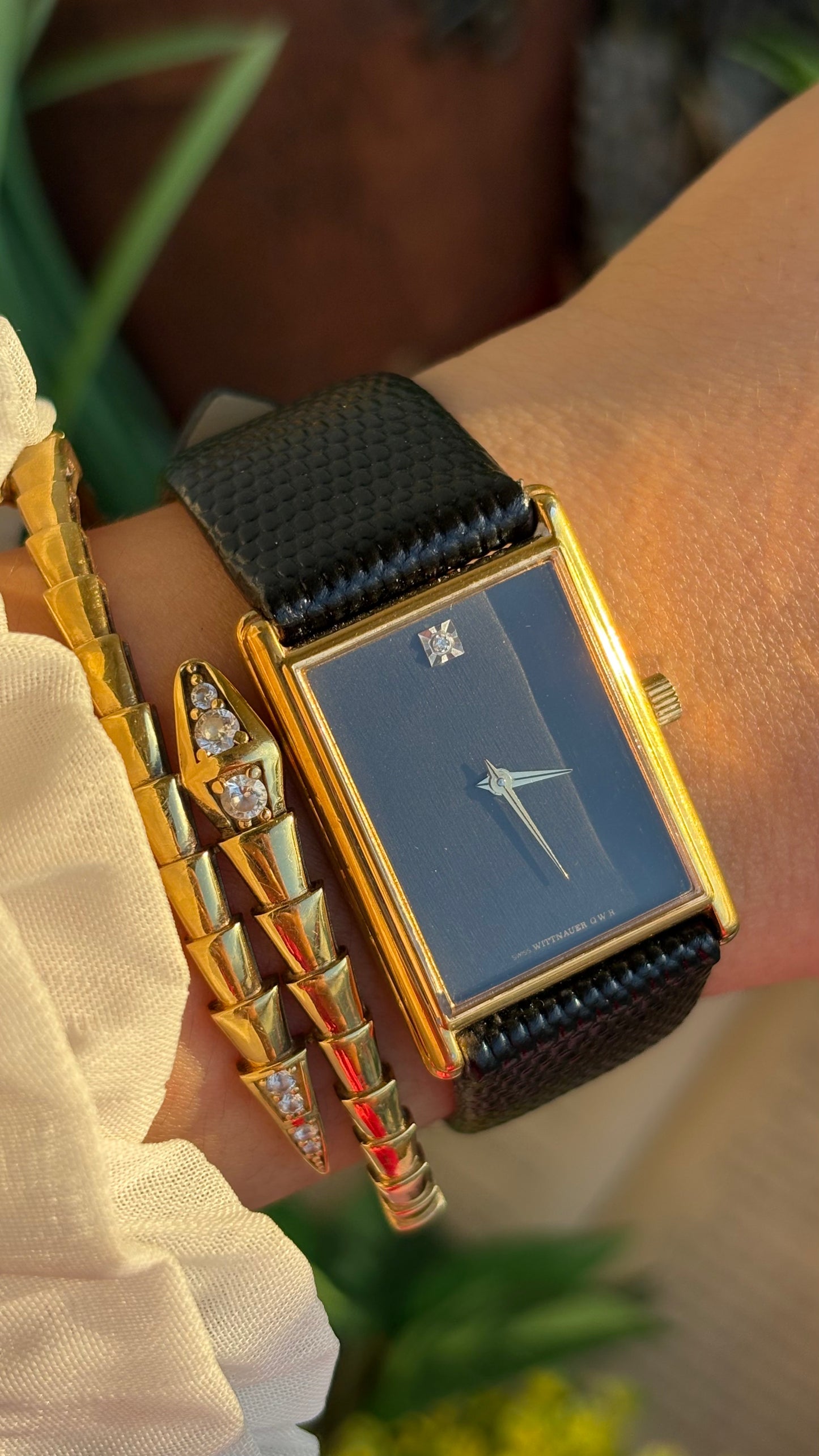 Extremely Rare Vintage Longines Wittnauer Unisex Tank Watch in Leather Strap with Diamond Black Dial