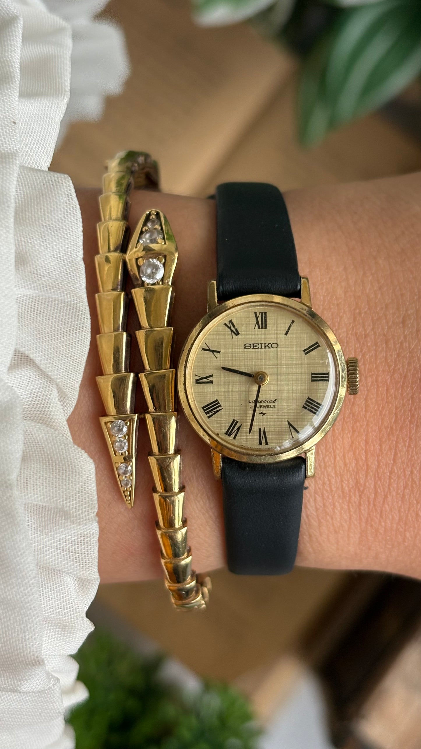 Vintage Seiko Watch in Black Leather Strap Roman Dial
