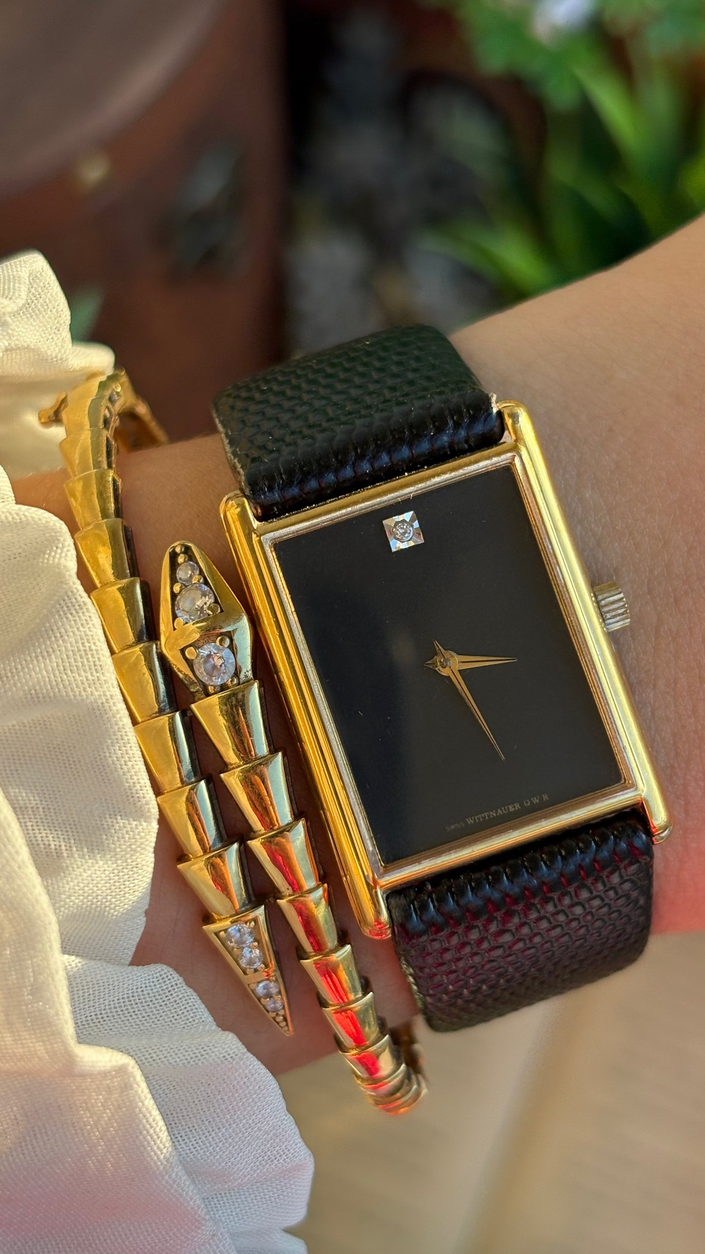 Extremely Rare Vintage Longines Wittnauer Unisex Tank Watch in Leather Strap with Diamond Black Dial