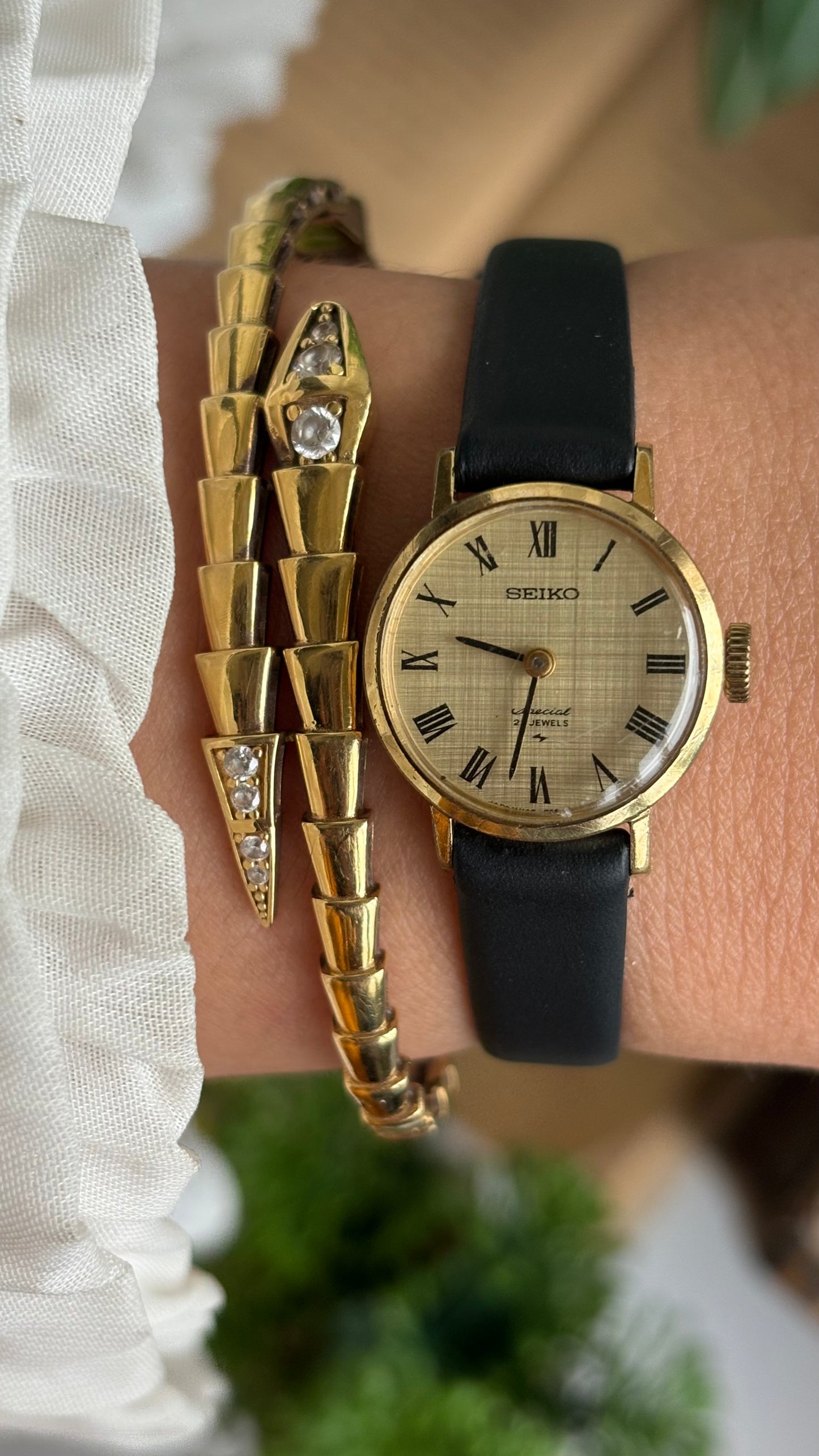 Vintage Seiko Watch in Black Leather Strap Roman Dial