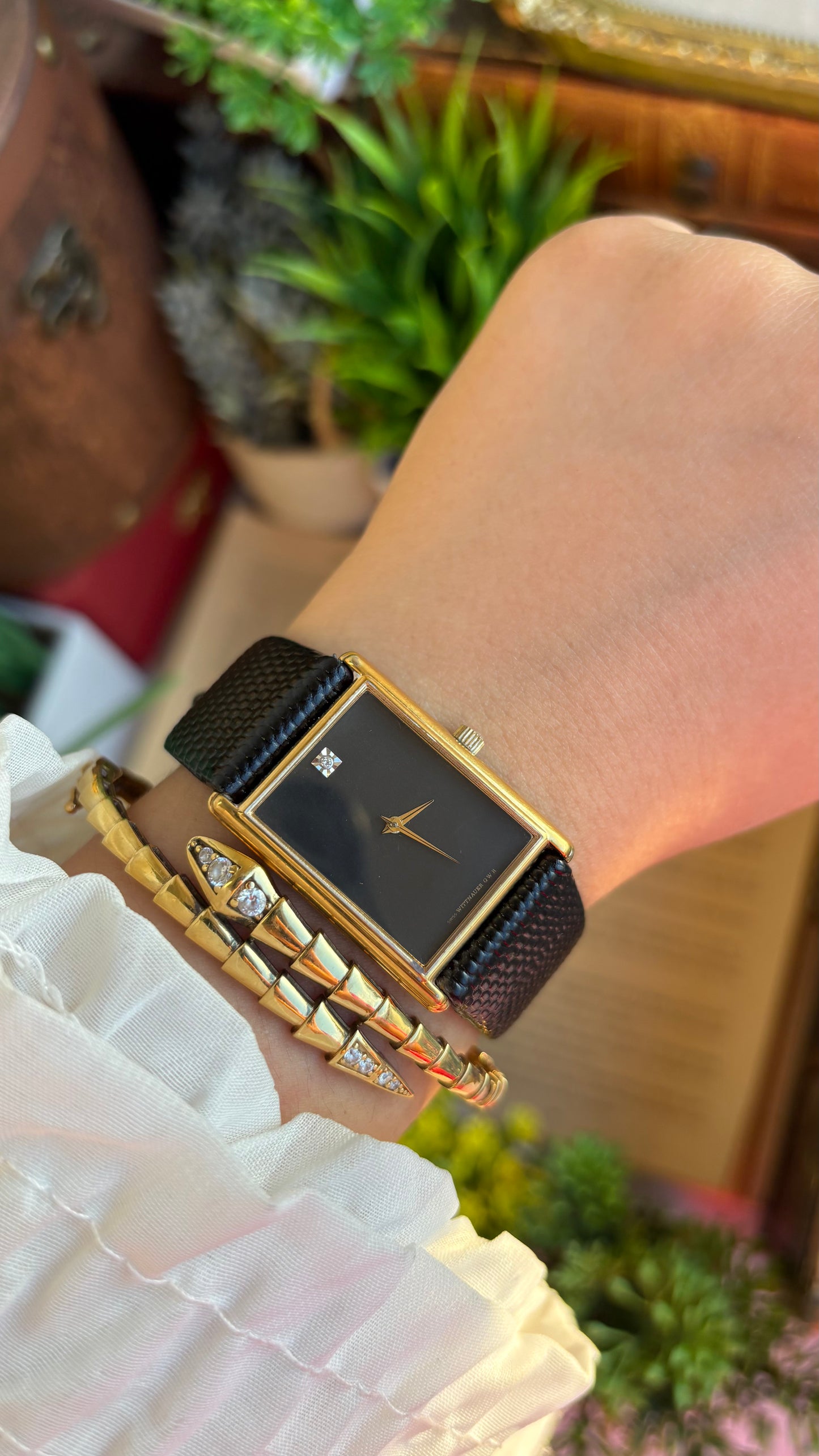Extremely Rare Vintage Longines Wittnauer Unisex Tank Watch in Leather Strap with Diamond Black Dial