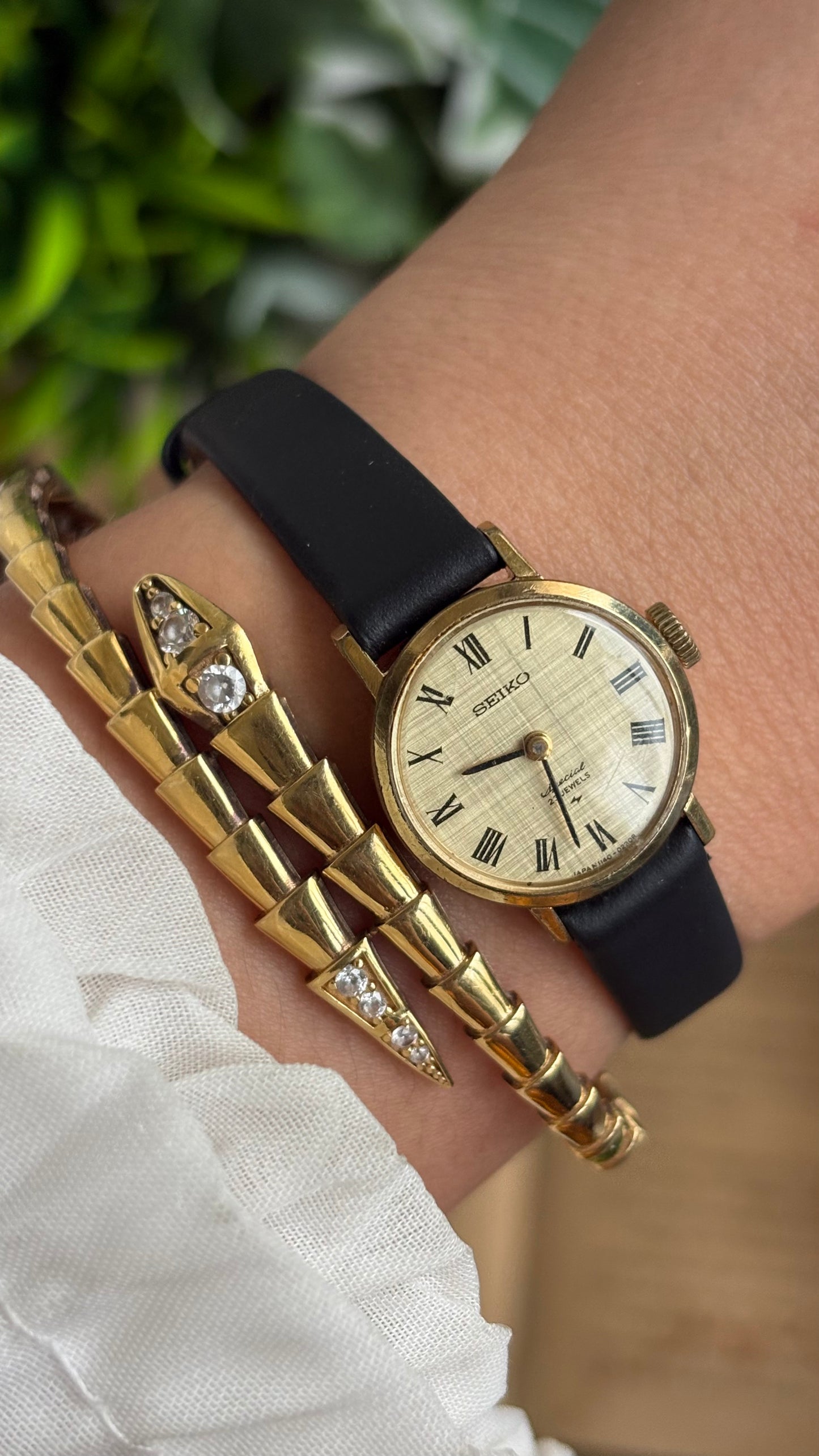 Vintage Seiko Watch in Black Leather Strap Roman Dial