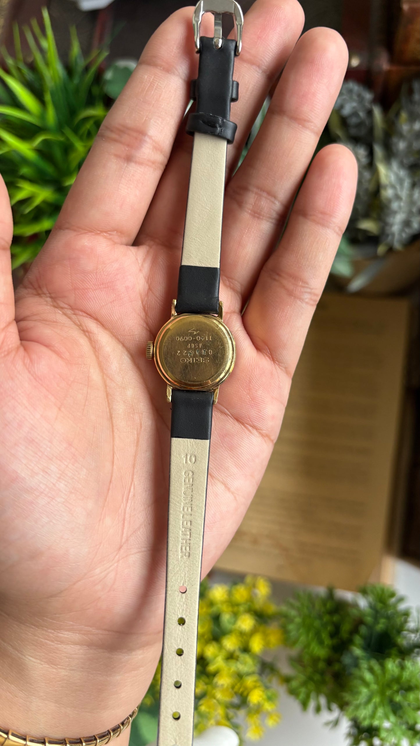 Vintage Seiko Watch in Black Leather Strap Roman Dial