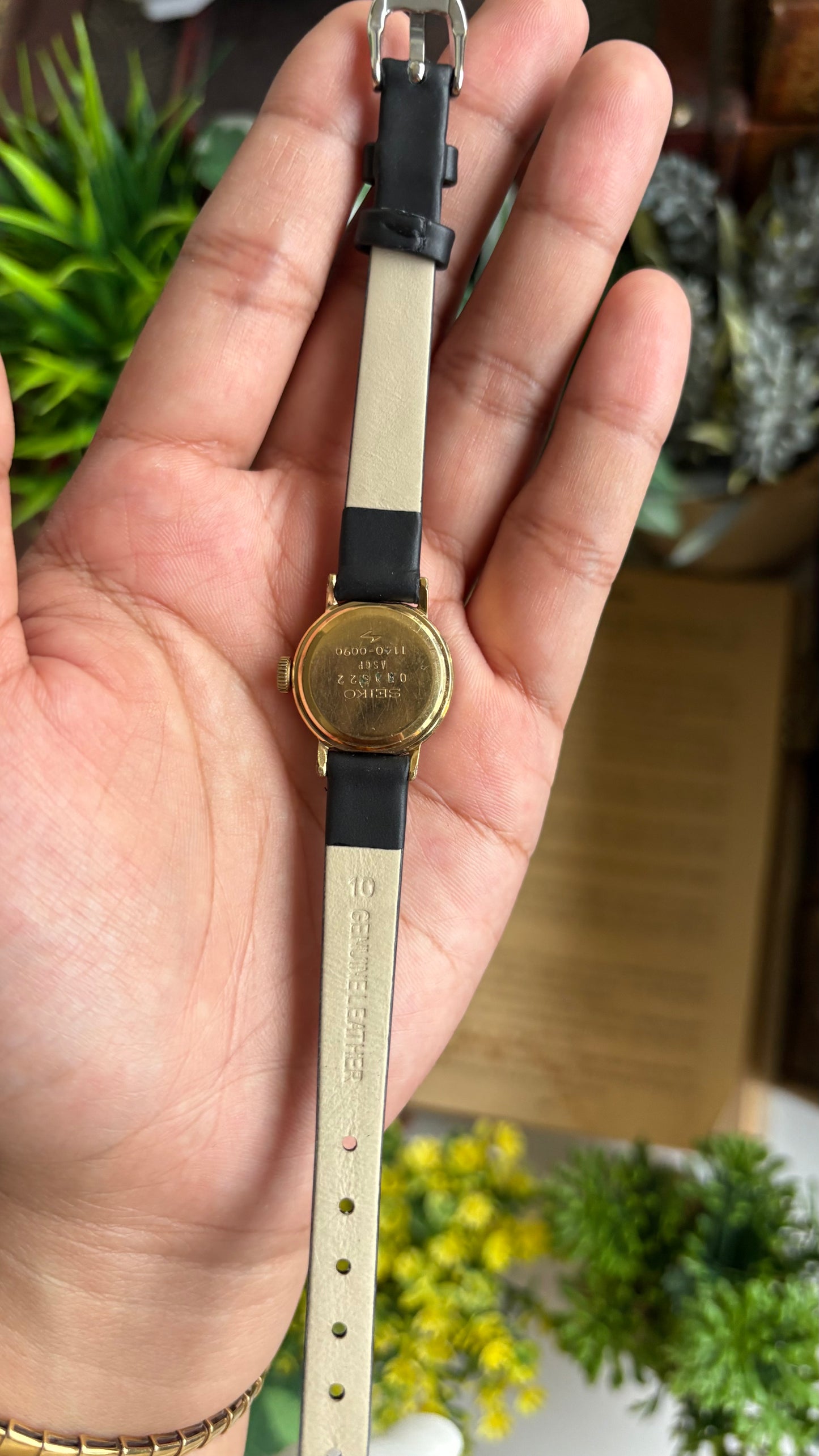 Vintage Seiko Watch in Black Leather Strap Roman Dial