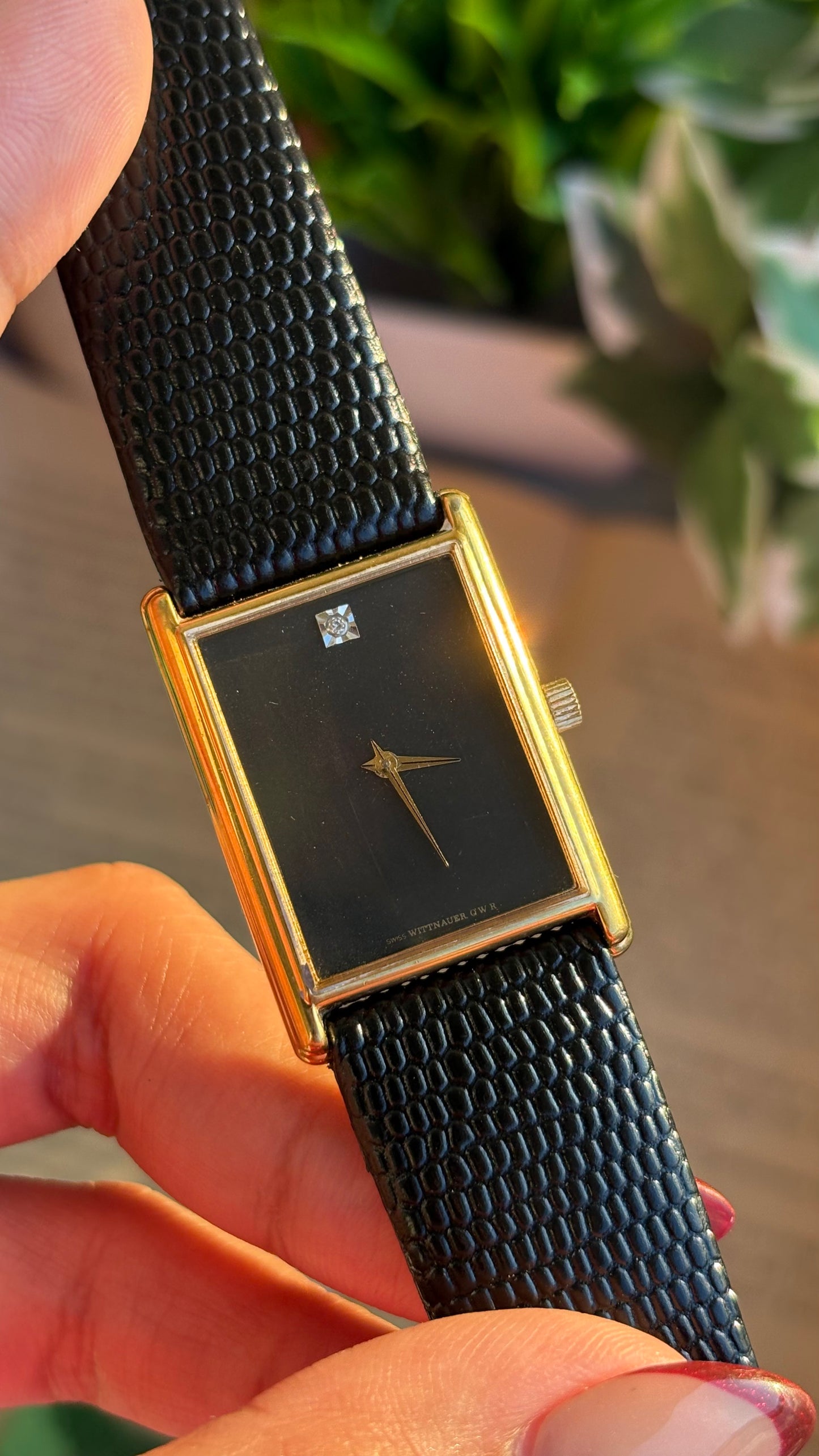 Extremely Rare Vintage Longines Wittnauer Unisex Tank Watch in Leather Strap with Diamond Black Dial