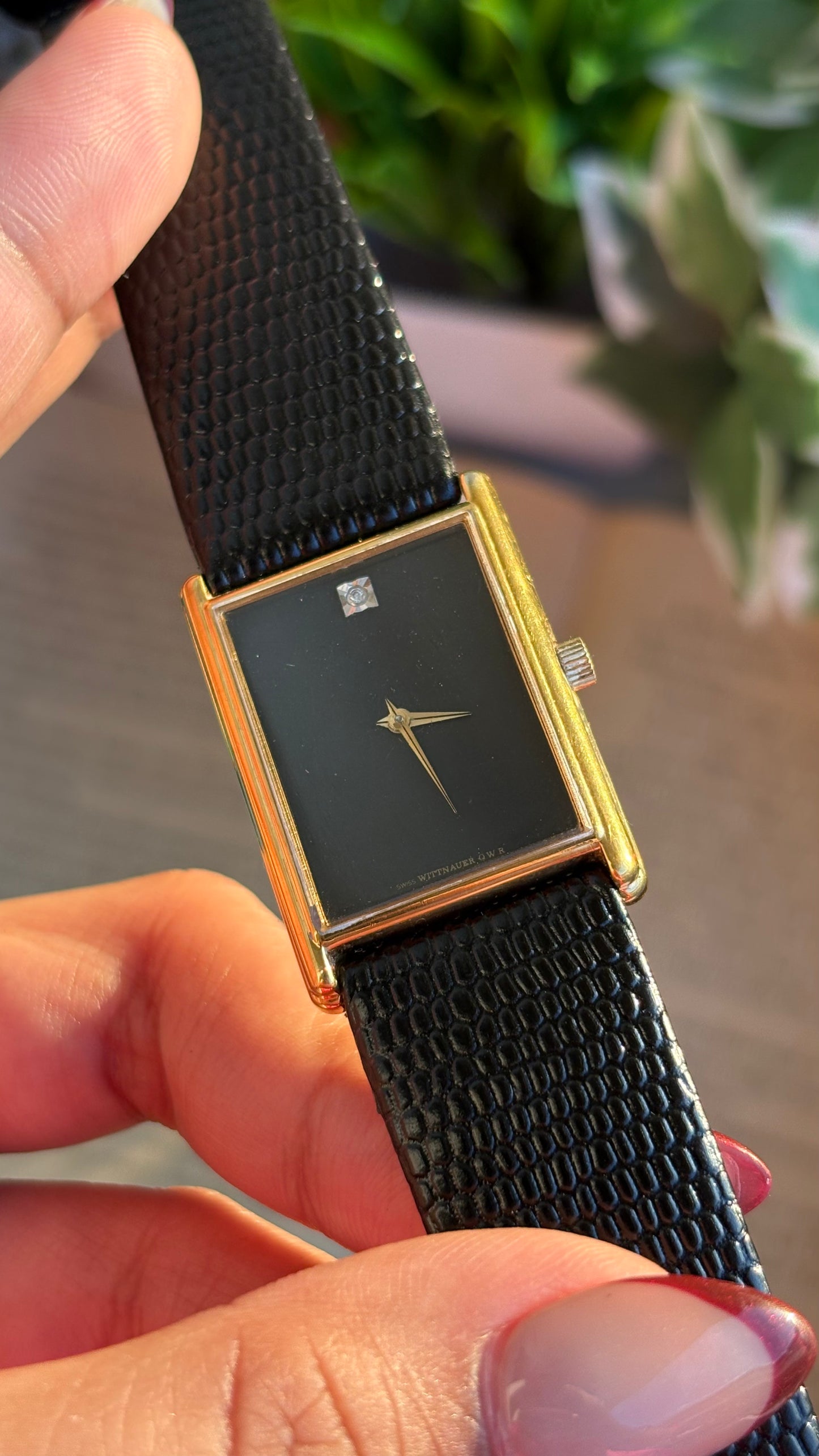 Extremely Rare Vintage Longines Wittnauer Unisex Tank Watch in Leather Strap with Diamond Black Dial