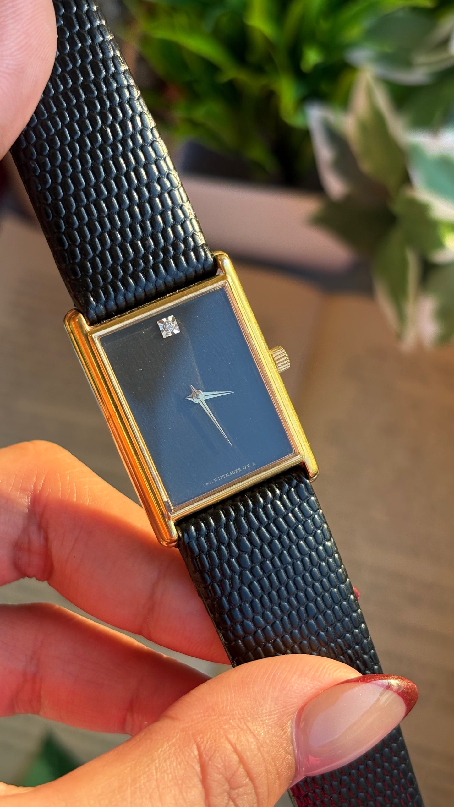 Extremely Rare Vintage Longines Wittnauer Unisex Tank Watch in Leather Strap with Diamond Black Dial