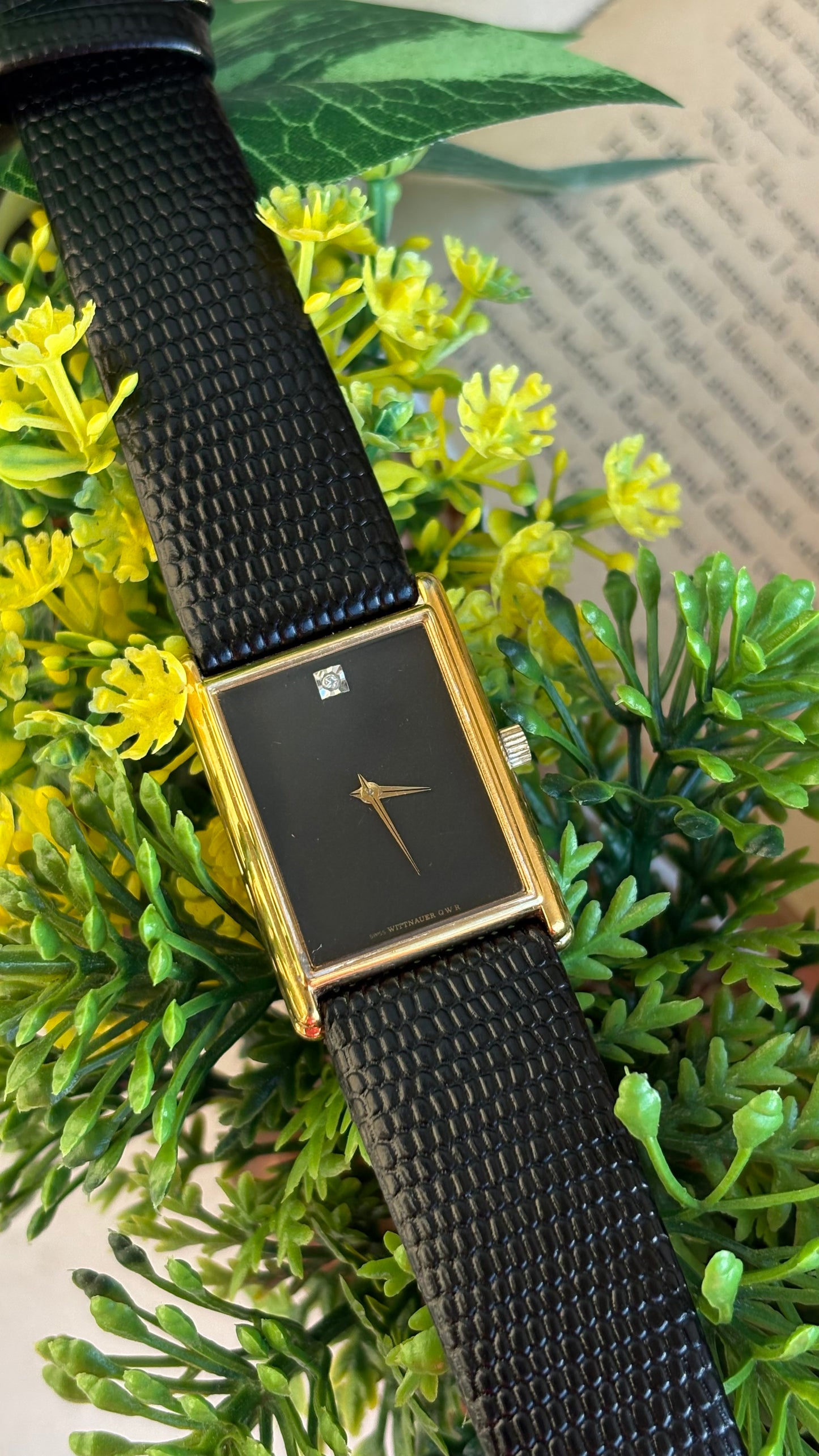 Extremely Rare Vintage Longines Wittnauer Unisex Tank Watch in Leather Strap with Diamond Black Dial