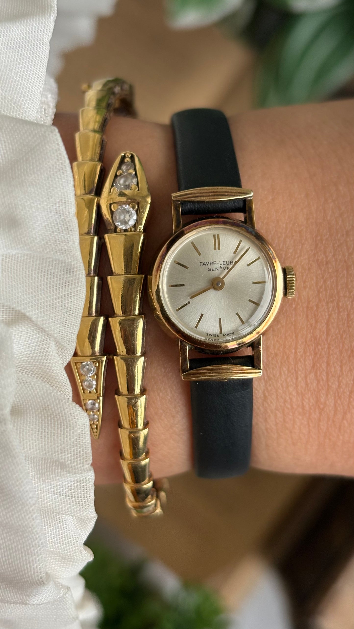 Extremely Rare Vintage Favre-Leuba Geneve Swiss Watch in Black Leather Strap