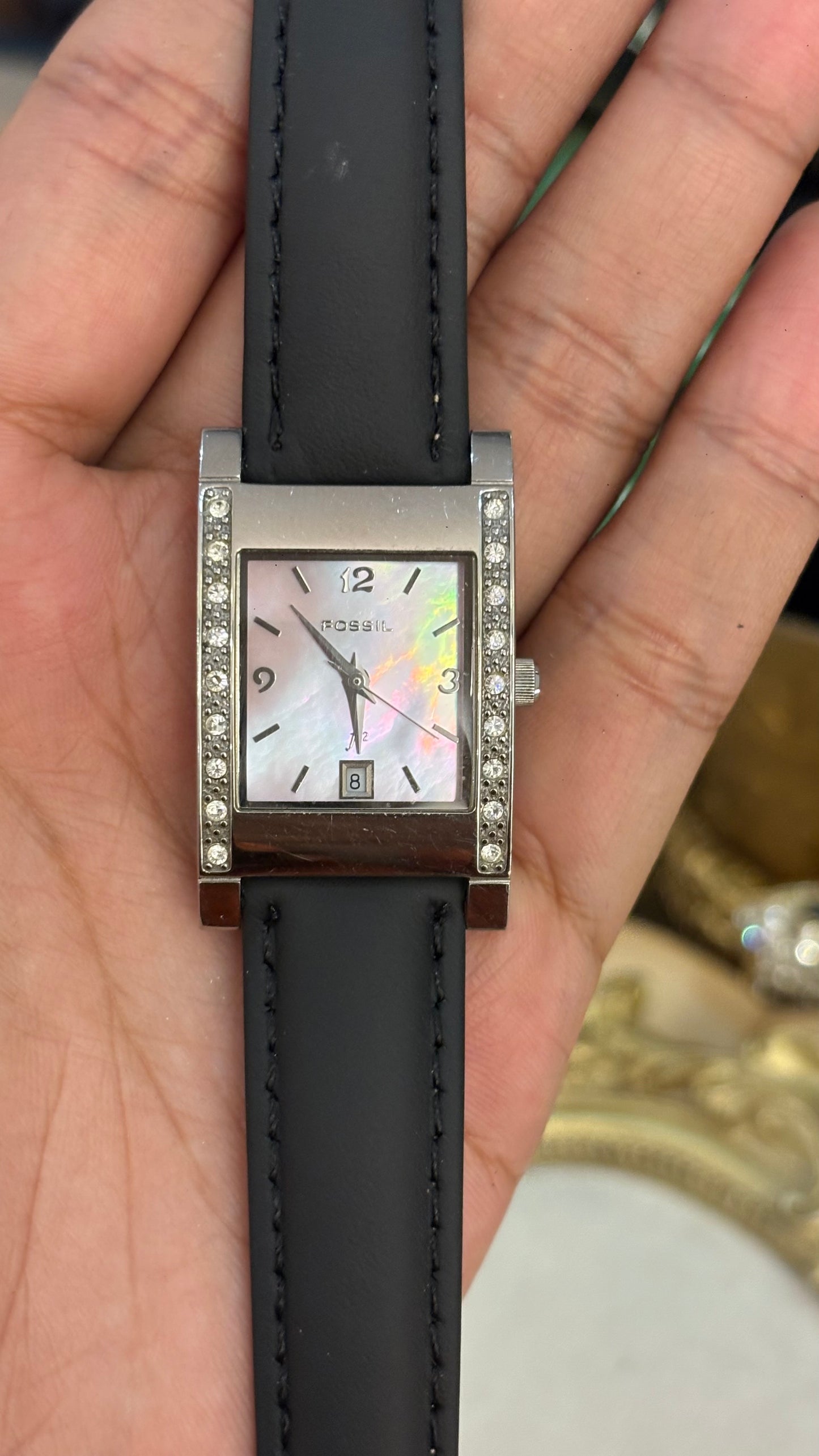 Vintage Bejeweled Fossil Tank Watch in Black Leather Straps Pink Mother of Pearl Dial