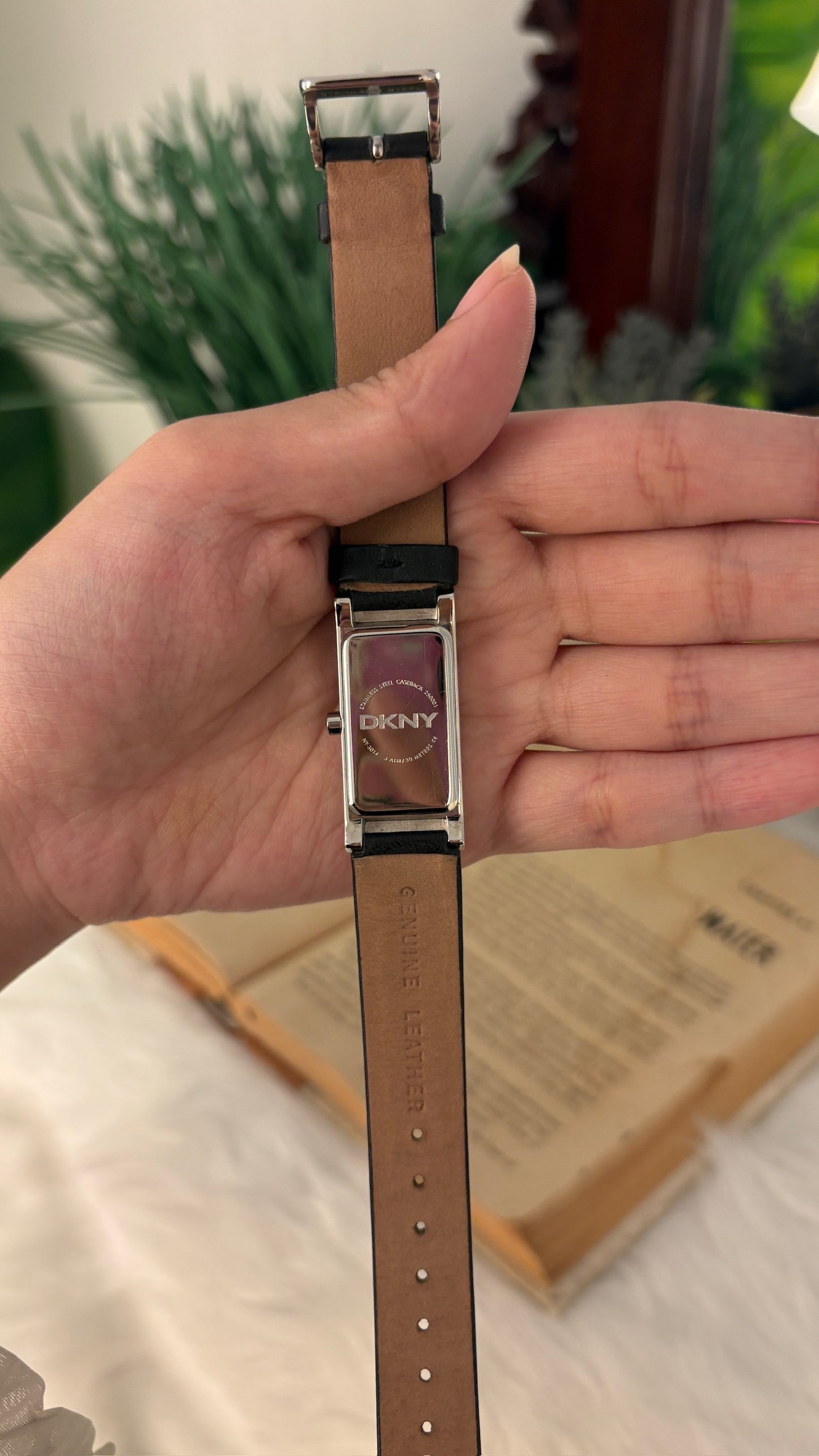 Rare Vintage DKNY Tank Watch in Silver Tone Black Leather Quartz