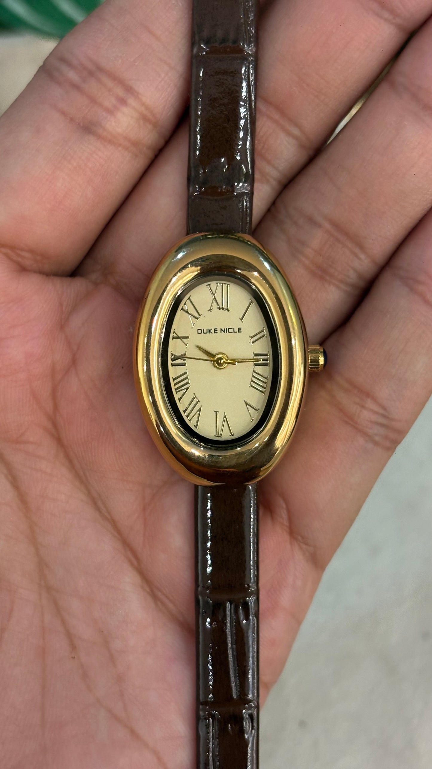 Vintage Duke Nicle Baignoire Roman Dial Watch in Brown Leather Strap Cartier Inspired