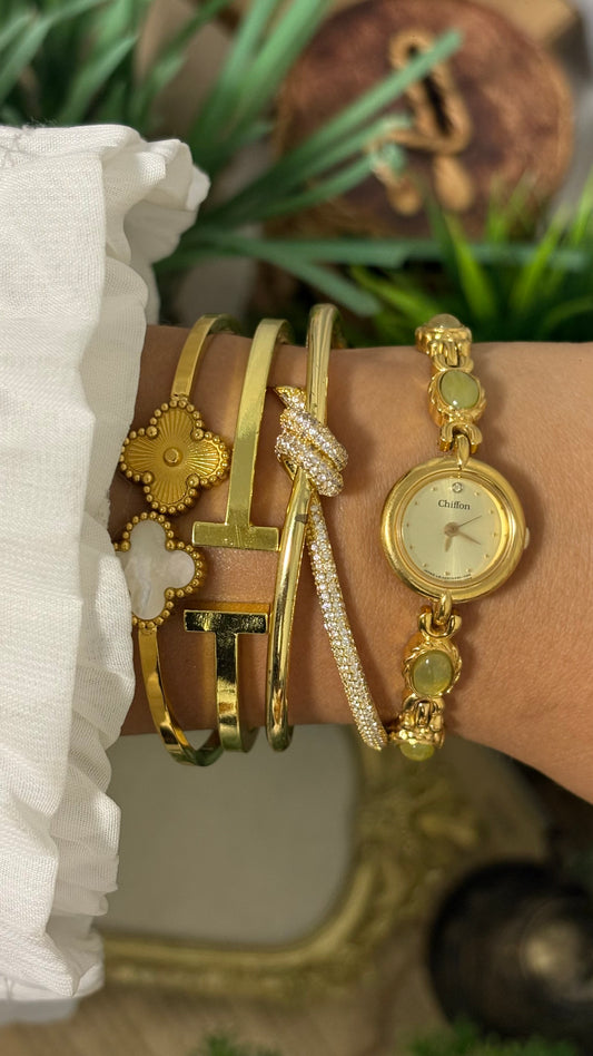 Vintage Chiffon Watch with Green Stone Accents in Gold Tone Coquette Style