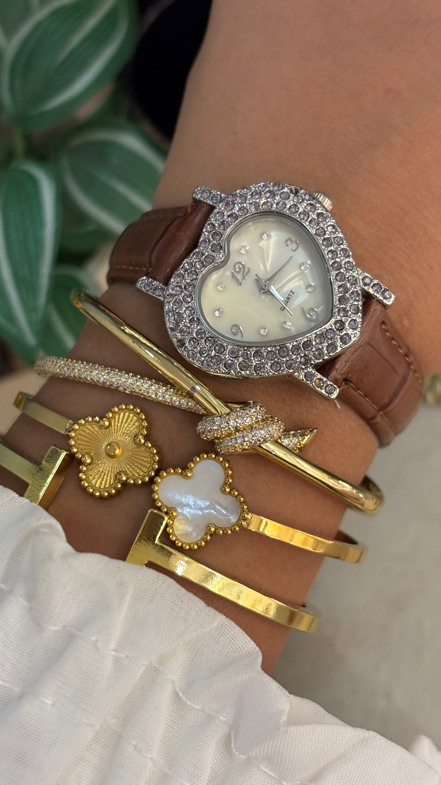 Vintage Bejeweled Heart Watch in Brown Leather Straps Mother of Pearl Dial