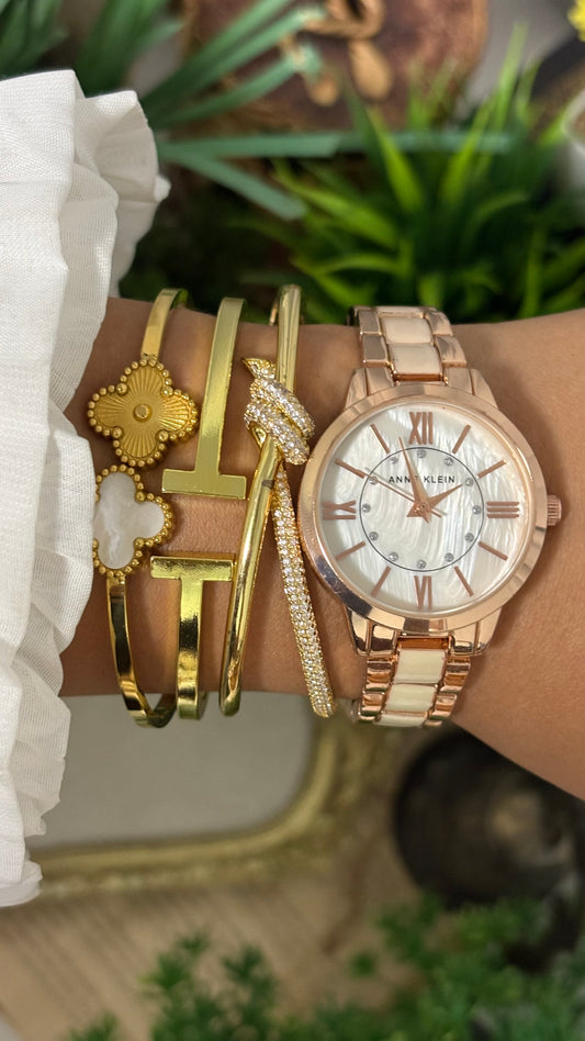 Vintage Anne Klein Watch in Rose Gold Tone Mother of Pearl Dial