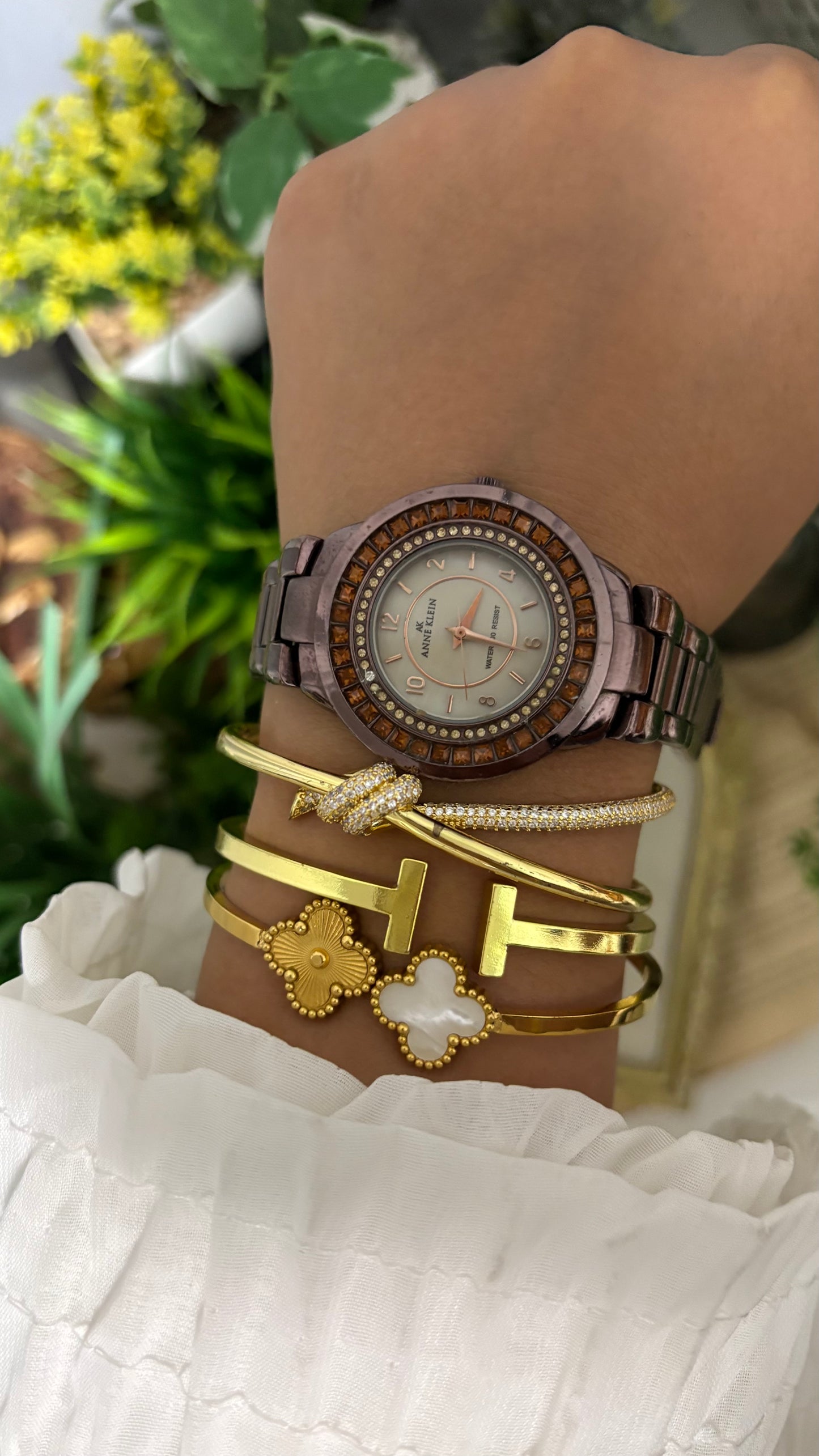 Vintage Anne Klein Watch with Swarovski Crystals in Bronze Tone