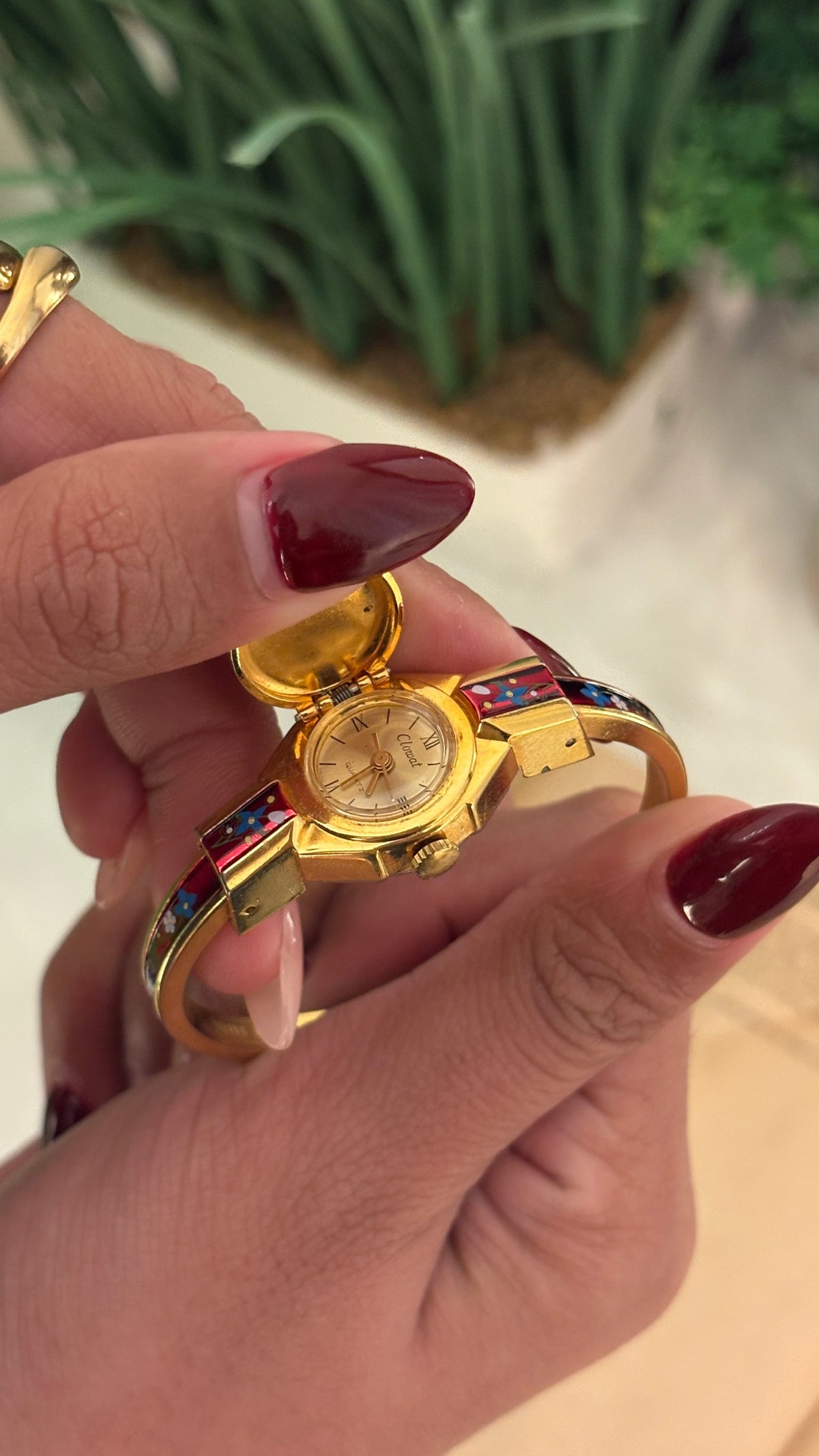 Rare Vintage Clowat Swiss Red Peekaboo Watch in Gold Tone Quartz