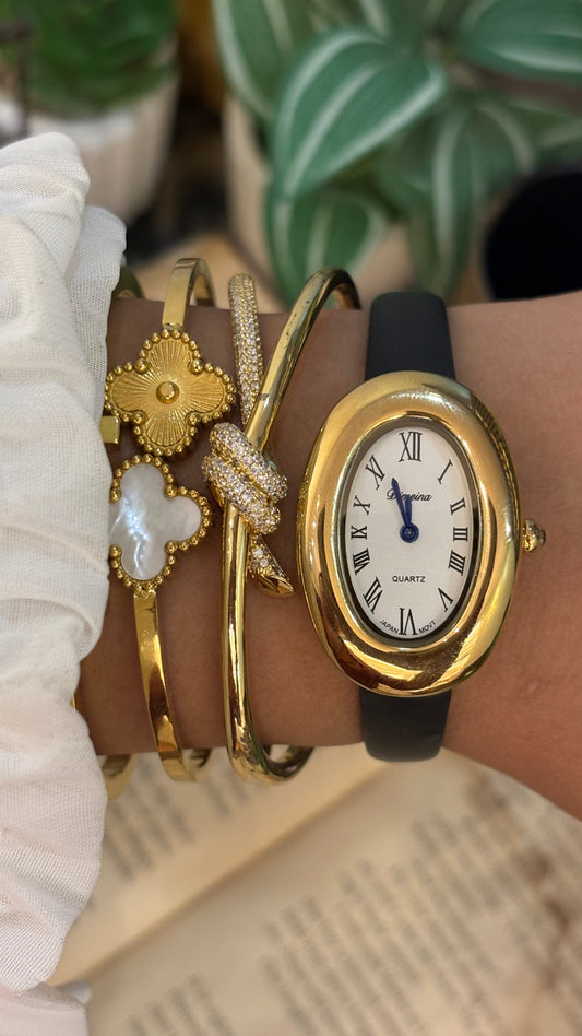 Vintage Dimeina Baignoire Watch in Black Leather Straps Roman Dial