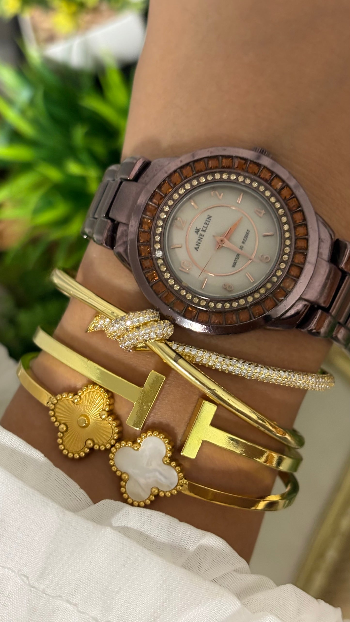Vintage Anne Klein Watch with Swarovski Crystals in Bronze Tone