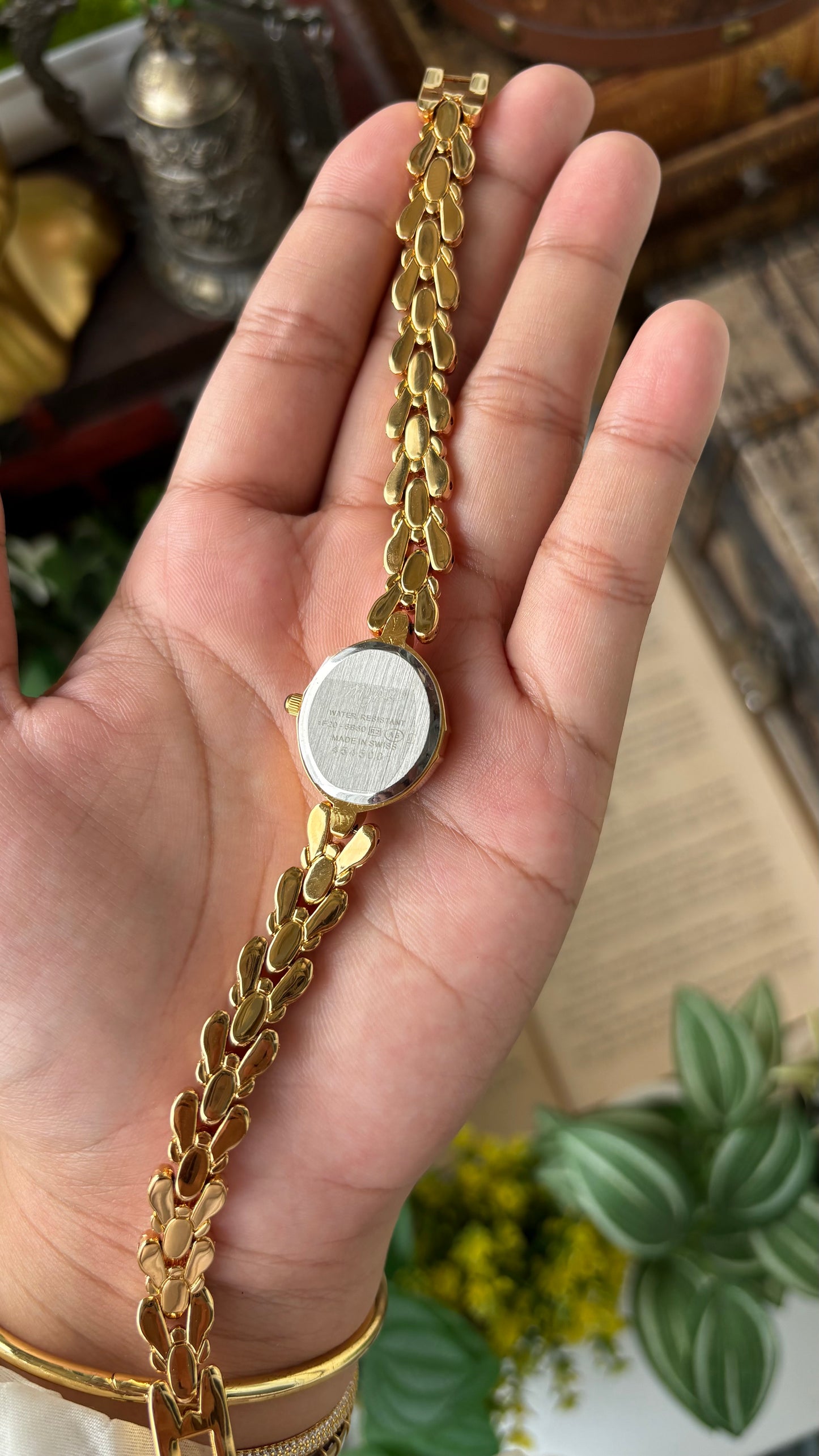 Vintage Myar Swiss Rhinestone Watch in Gold Tone Oval Dial Mother of Pearl Dial Quartz