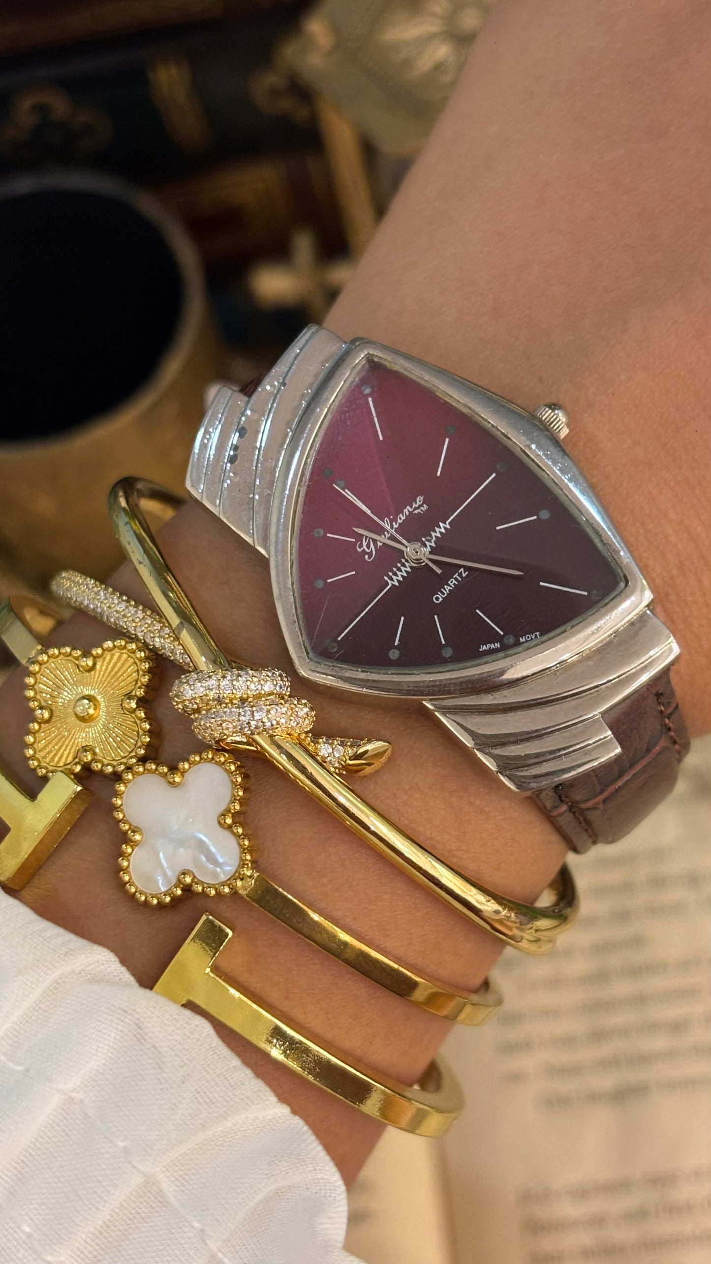 Vintage Giuliano Burgundy Half Moon Watch in Brown Leather Straps