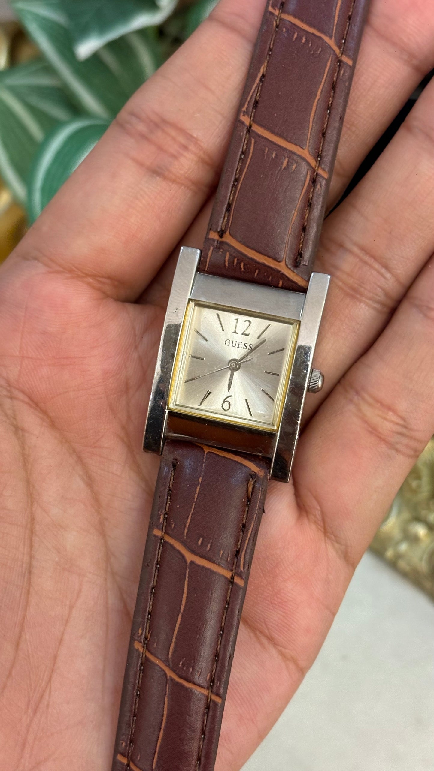 Vintage Guess Tank Watch in Brown Leather Strap