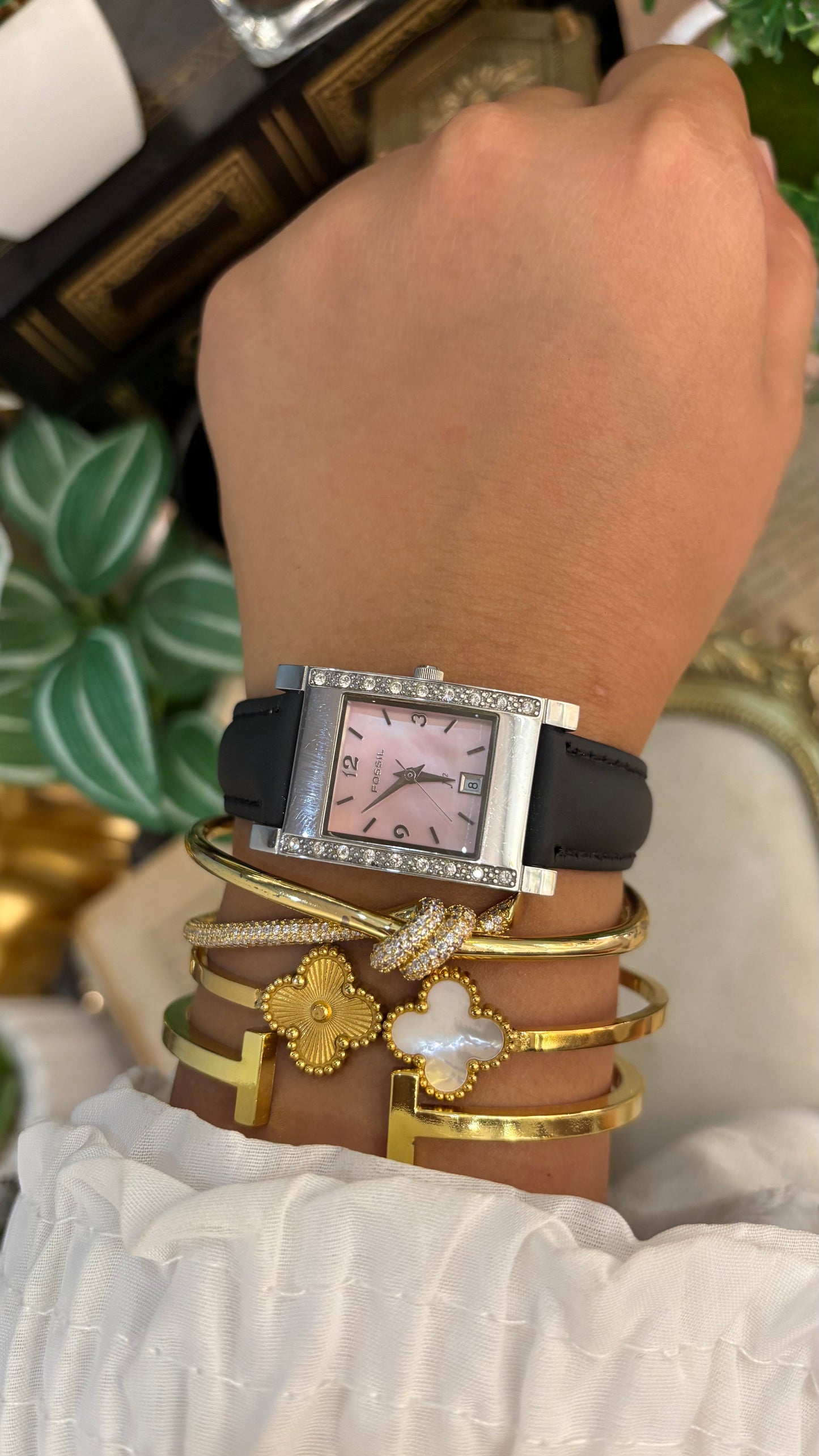 Vintage Bejeweled Fossil Tank Watch in Black Leather Straps Pink Mother of Pearl Dial
