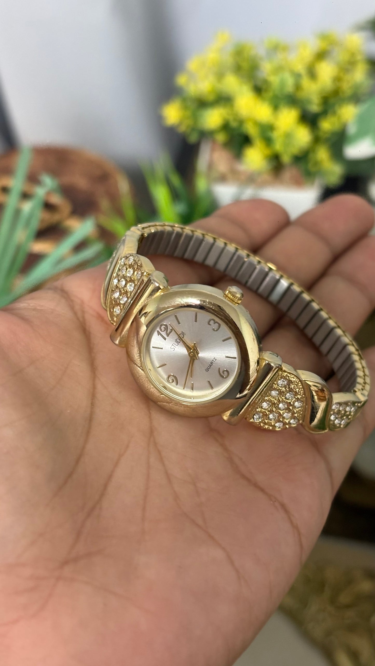 Vintage Studio Expandable Bejeweled Watch in Gold Tone