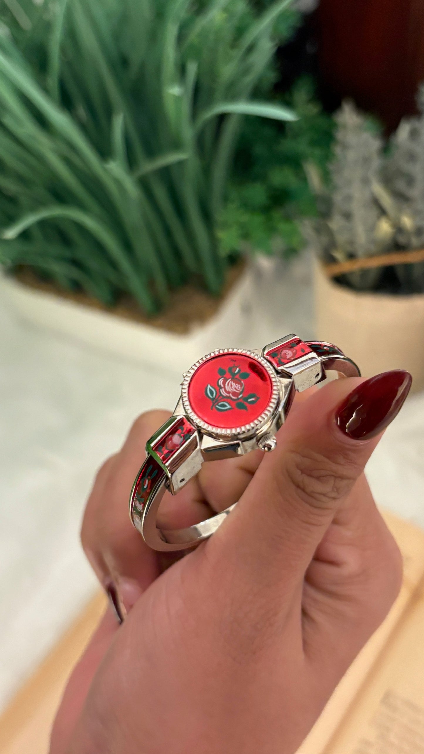 Rare Vintage Giuliane Red Peekaboo Watch in Silver Tone Quartz
