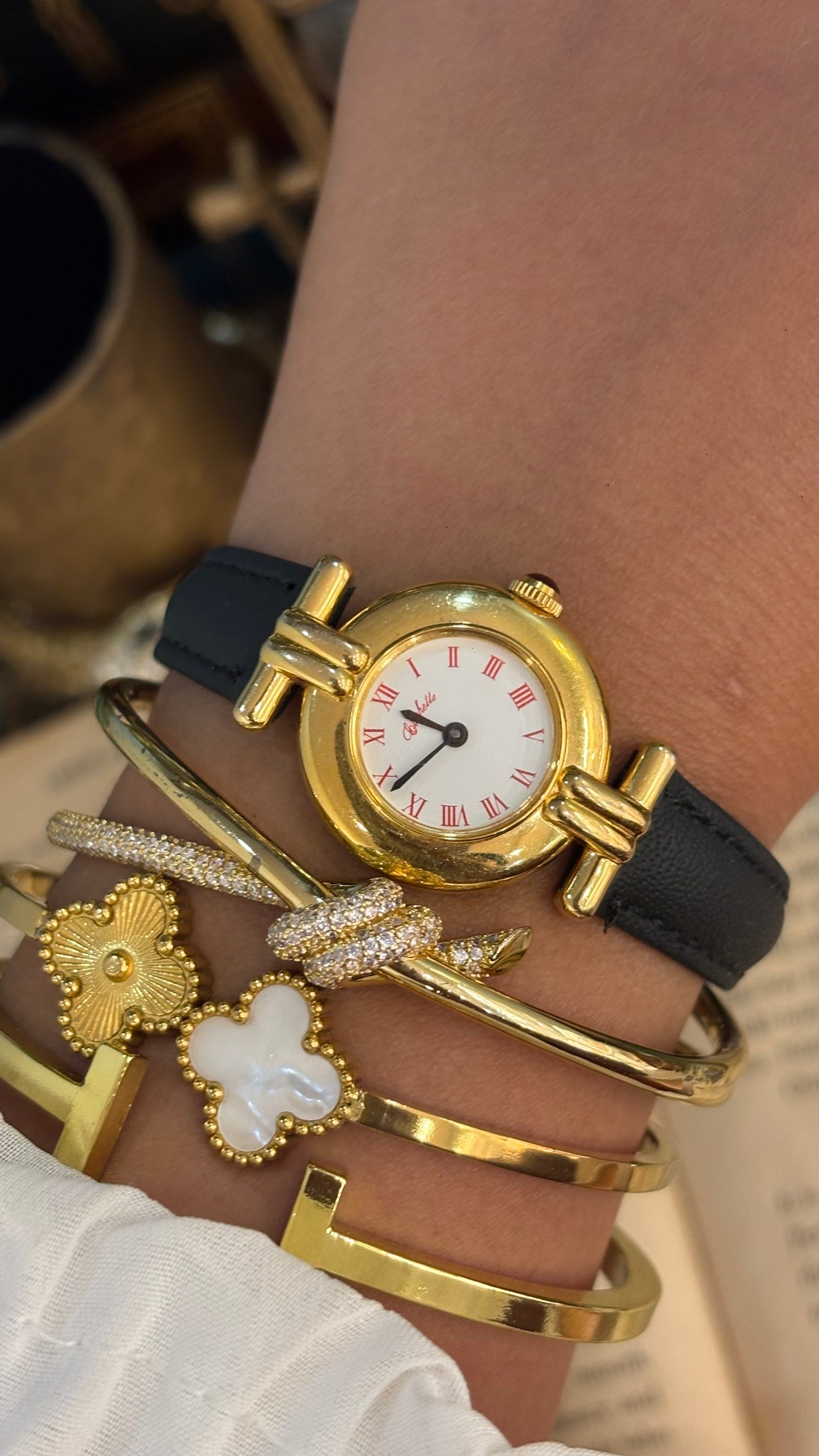Vintage Clochette Watch in Black Leather Straps