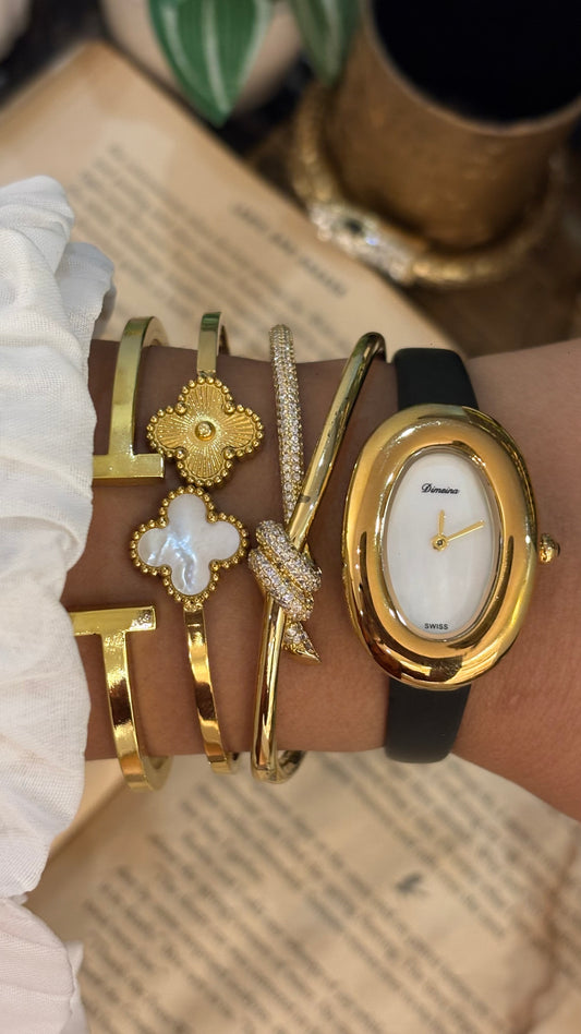 Vintage Dimeina Swiss Baignoire Watch in Black Leather Strap Mother of Pearl Dial
