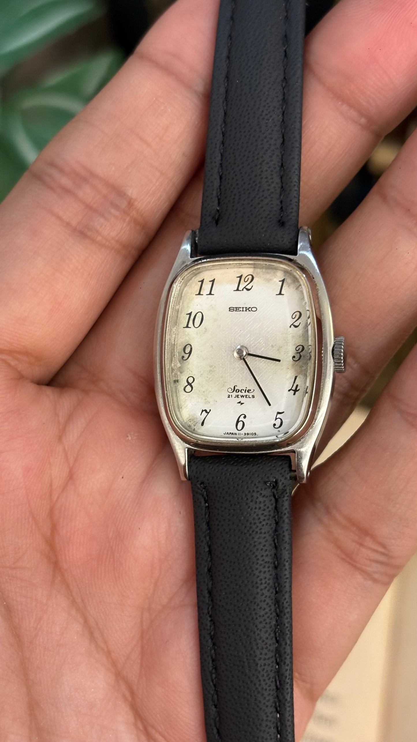 Vintage Seiko 1960s Mini Tank Manual Winding Watch in Black Leather Straps
