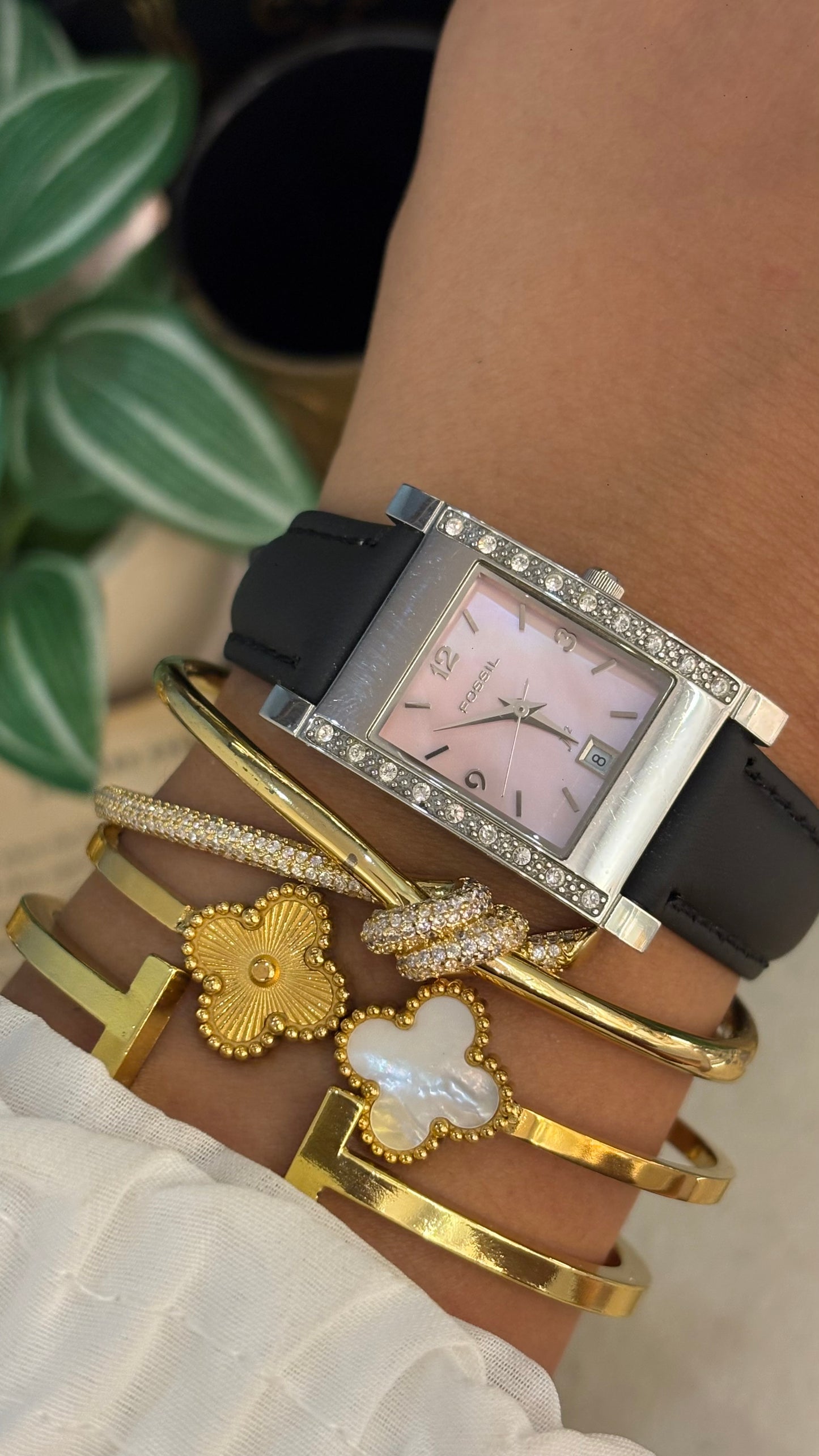 Vintage Bejeweled Fossil Tank Watch in Black Leather Straps Pink Mother of Pearl Dial