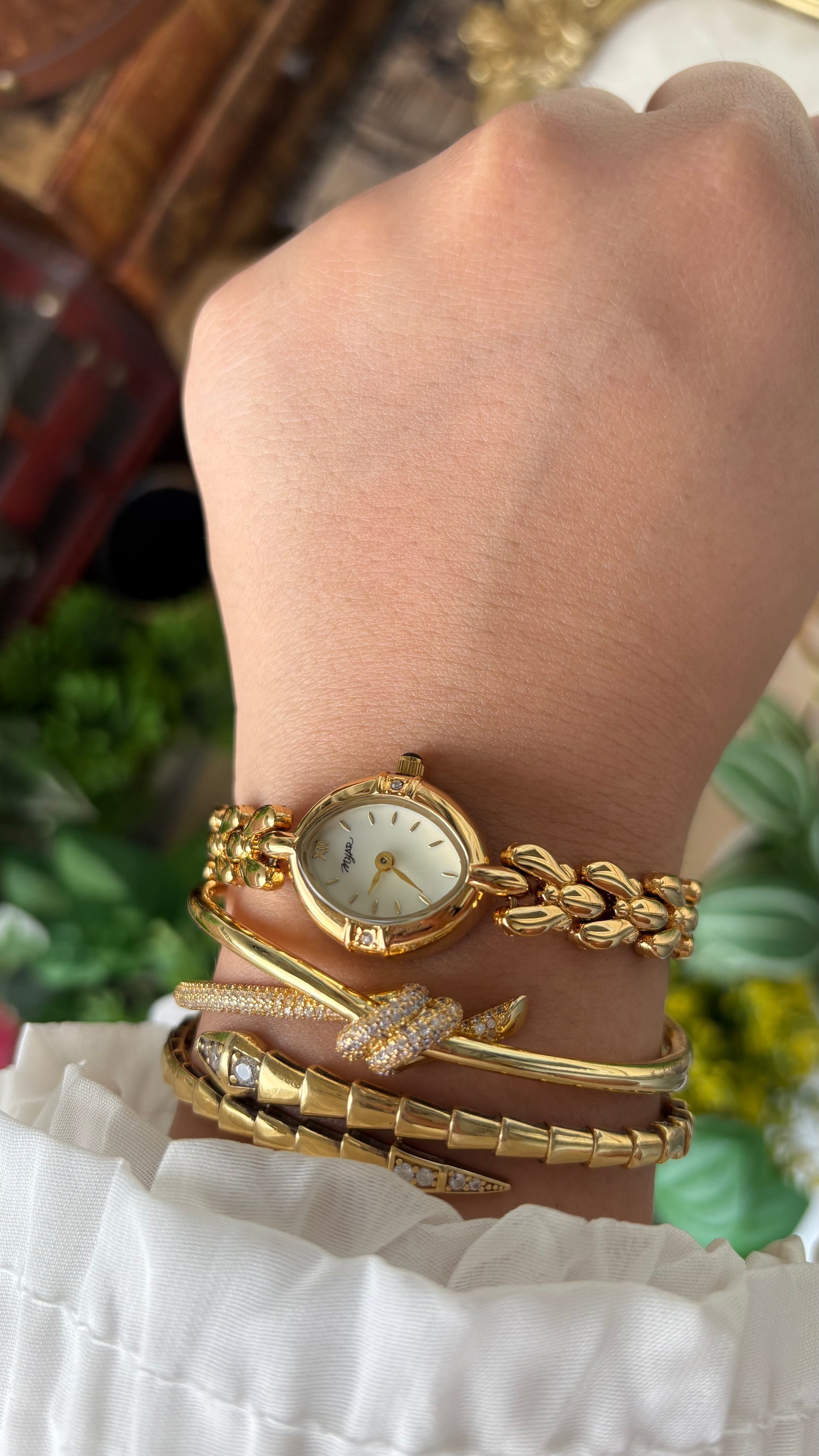 Vintage Myar Swiss Rhinestone Watch in Gold Tone Oval Dial Mother of Pearl Dial Quartz