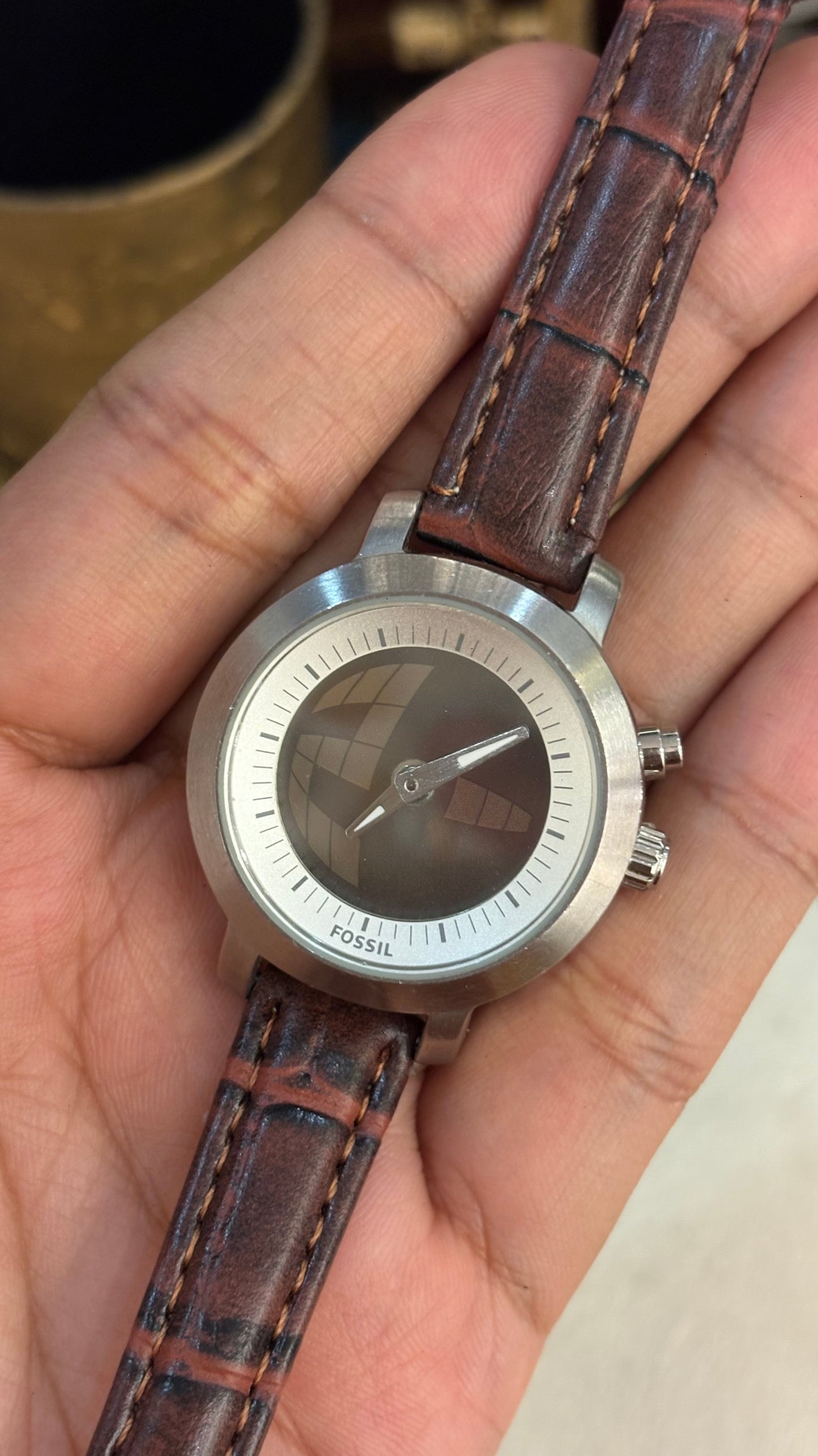 Vintage Fossil Moving Seconds in Brown Leather Straps