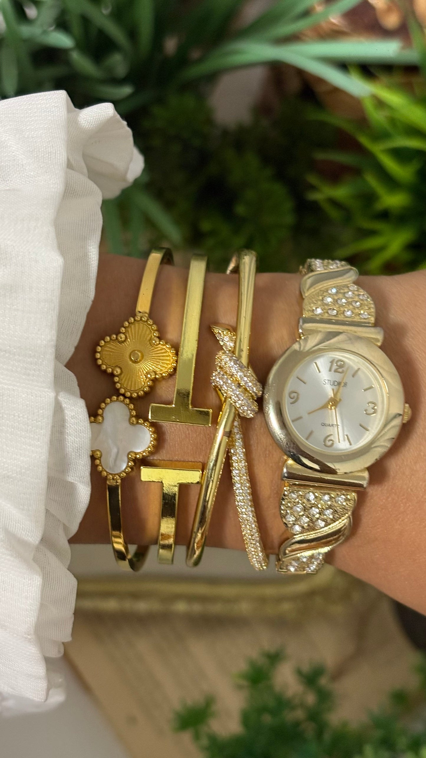 Vintage Studio Expandable Bejeweled Watch in Gold Tone