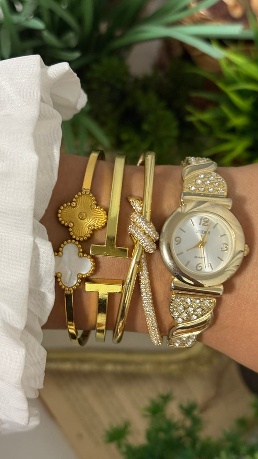 Vintage Studio Expandable Bejeweled Watch in Gold Tone