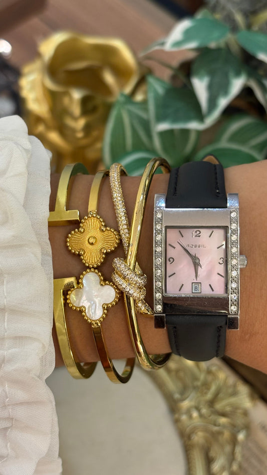 Vintage Bejeweled Fossil Tank Watch in Black Leather Straps Pink Mother of Pearl Dial