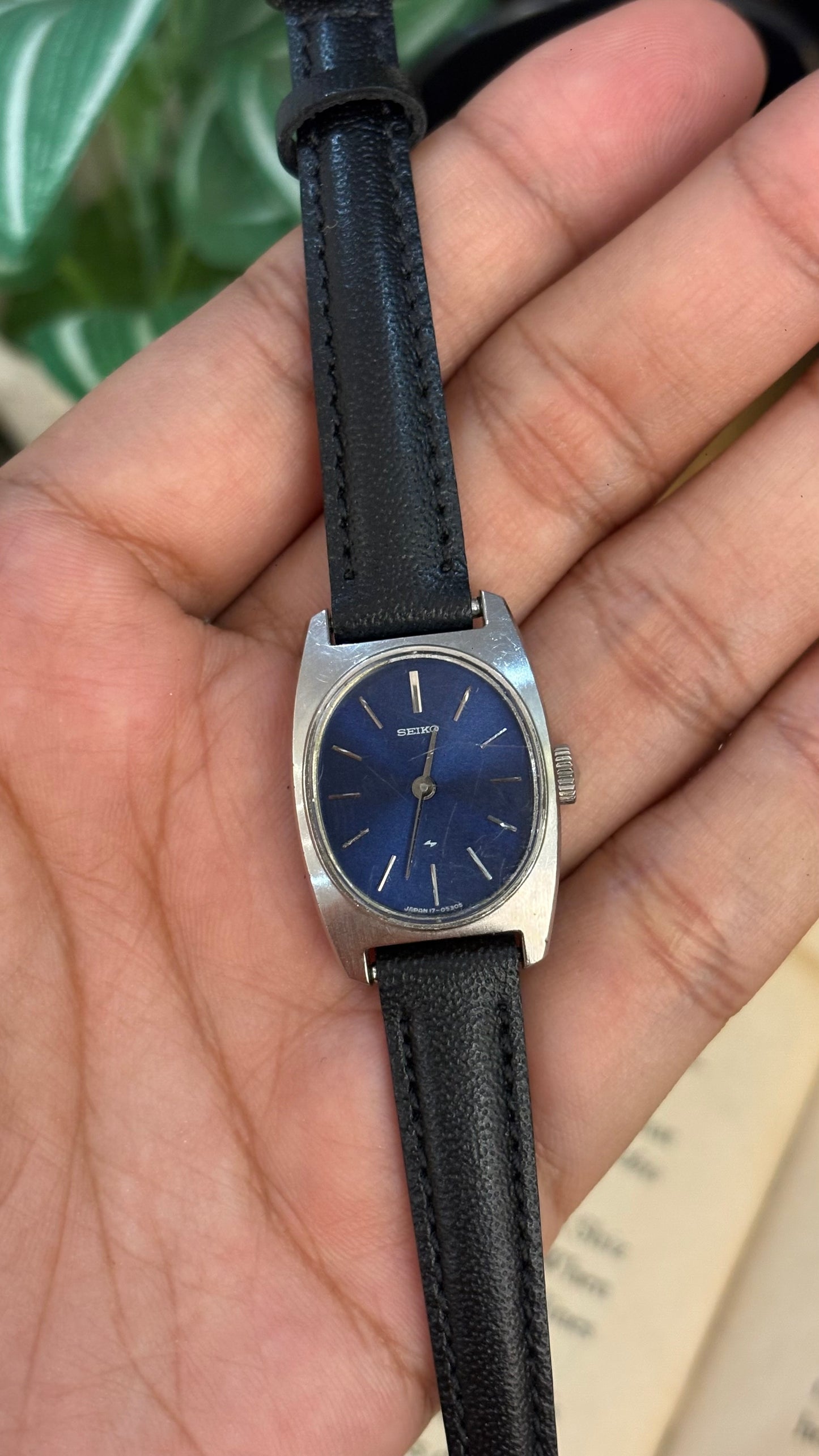 Vintage Seiko Oval Watch Blue Dial in Black Leather Straps