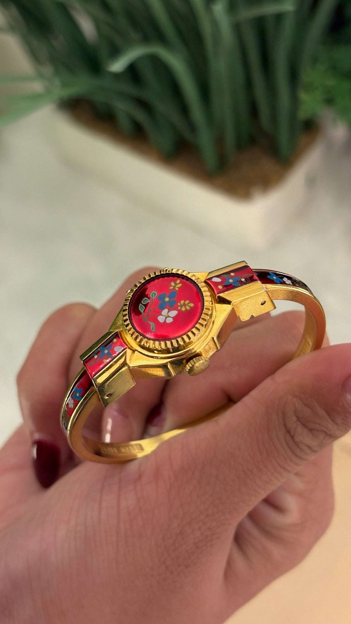 Rare Vintage Clowat Swiss Red Peekaboo Watch in Gold Tone Quartz