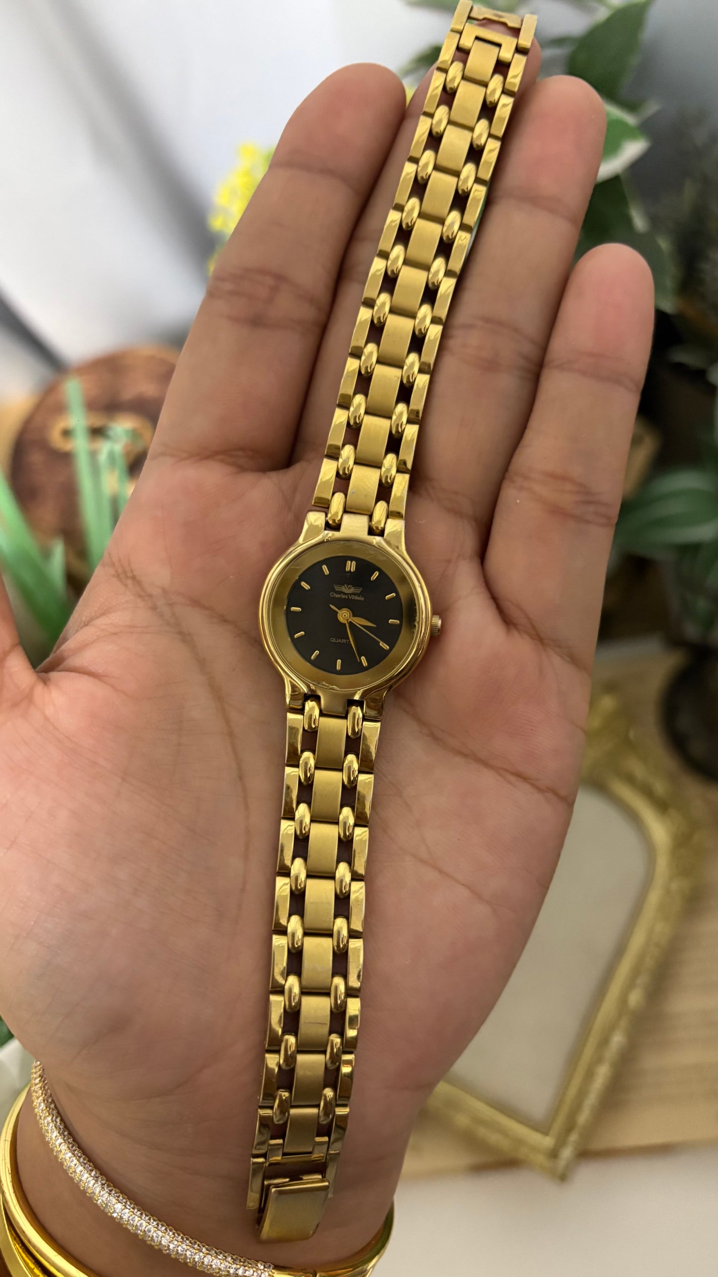 Vintage Charles Vogele Watch in Gold Tone Black Dial