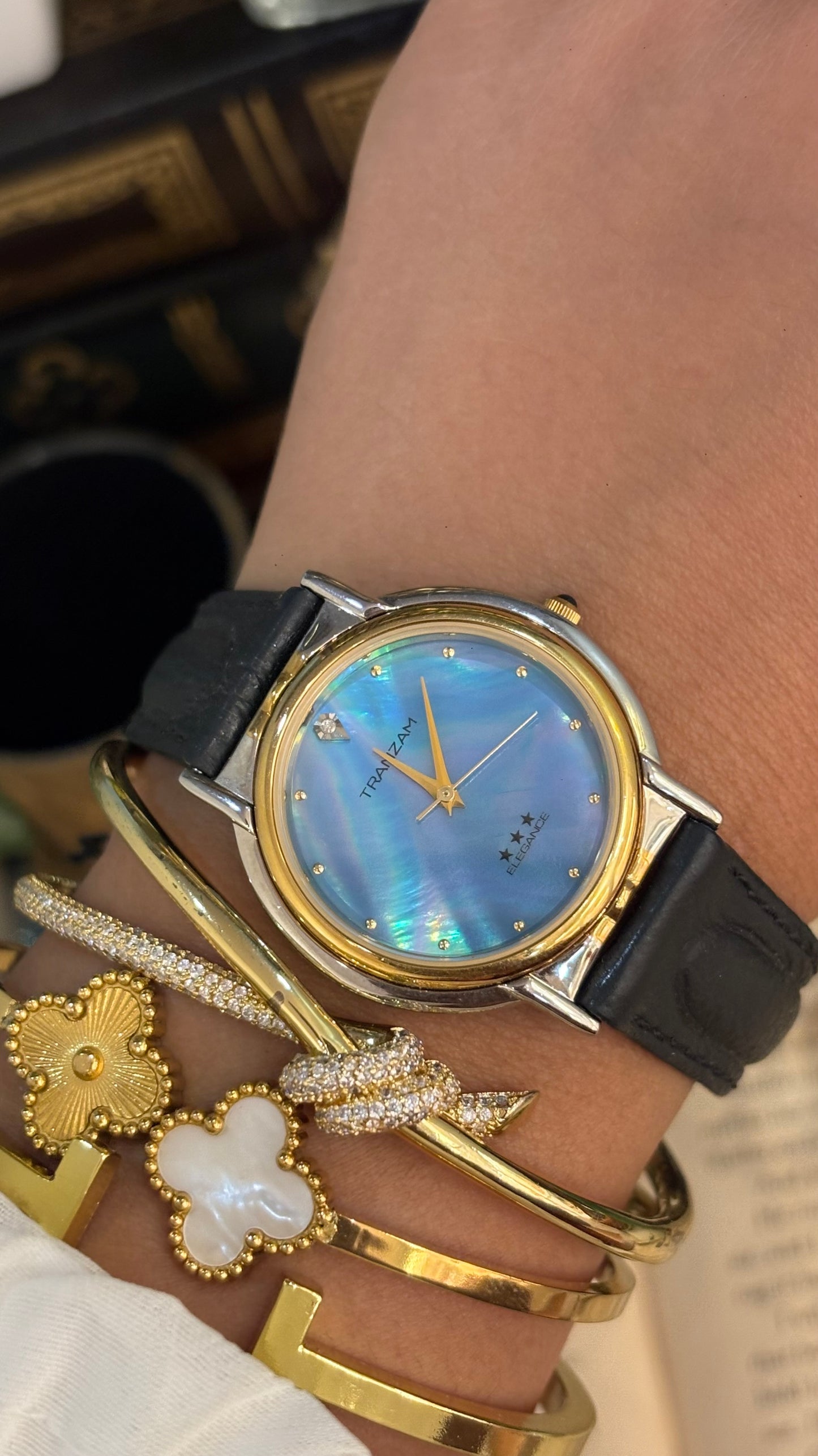 Vintage Tranzam Elegance Watch in Black Leather Straps Ocean Blue Mother of Pearl Dial (43,000¥ on tag)