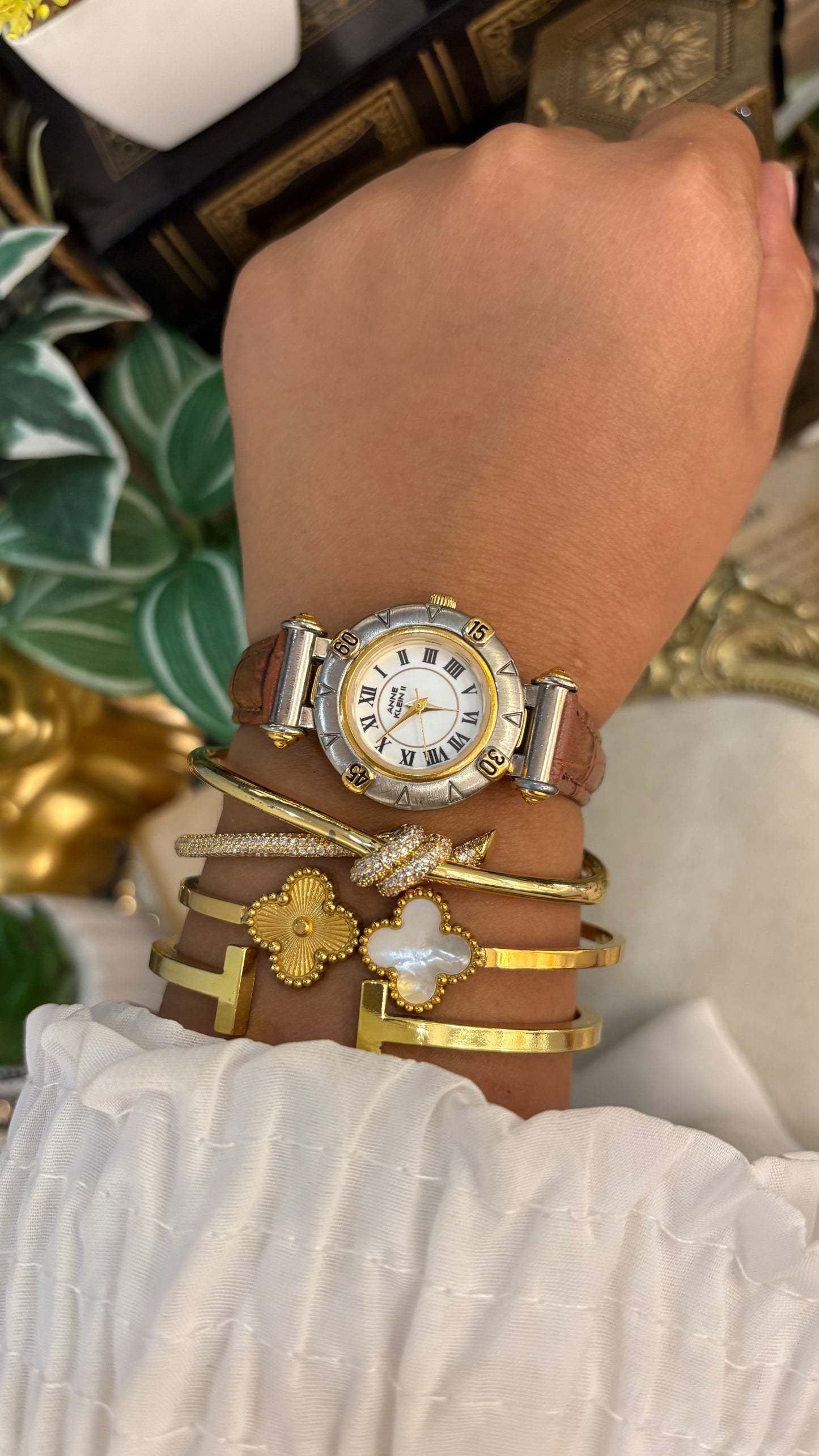 Vintage Anne Klein Watch Roman Dial in Brown Leather Straps