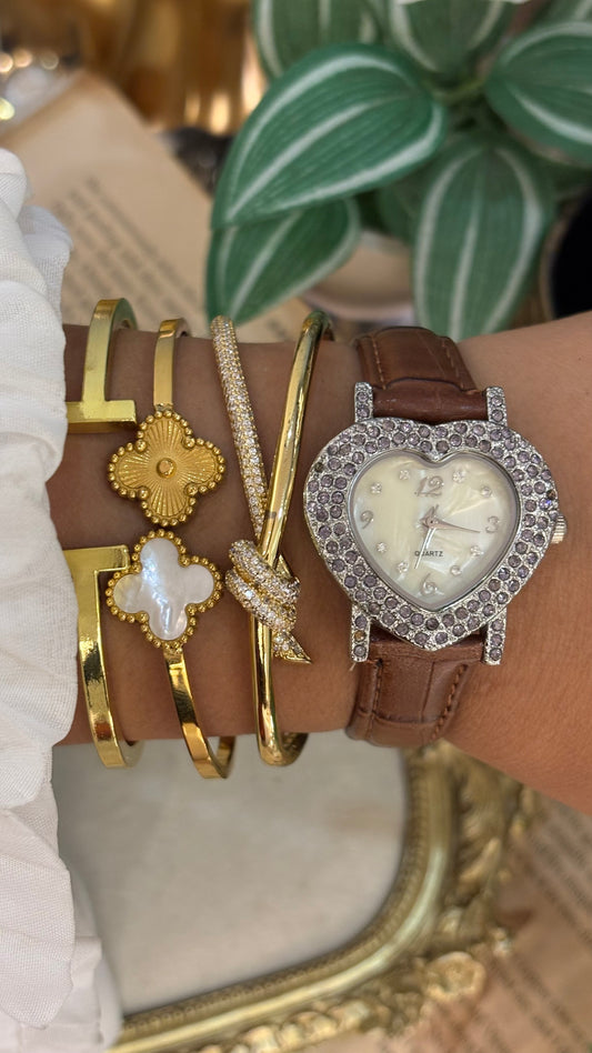 Vintage Bejeweled Heart Watch in Brown Leather Straps Mother of Pearl Dial