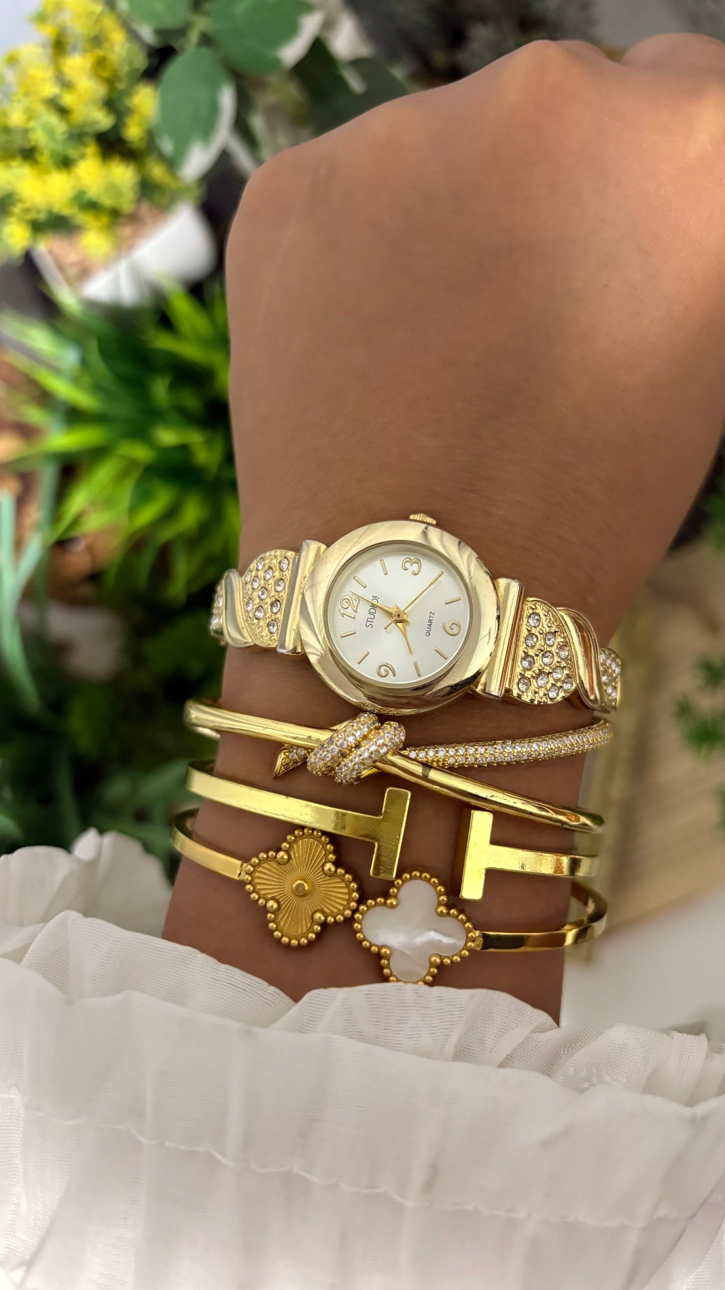 Vintage Studio Expandable Bejeweled Watch in Gold Tone